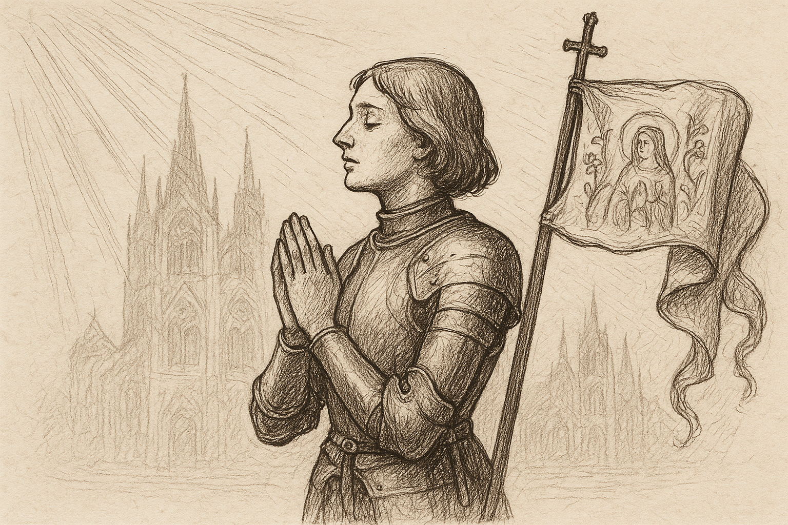 Sketch-style image of St. Joan of Arc in prayerful armor with a banner