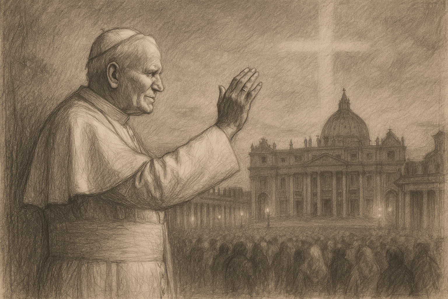Sketch-style image of Pope St. John Paul II blessing pilgrims in St. Peter's Square