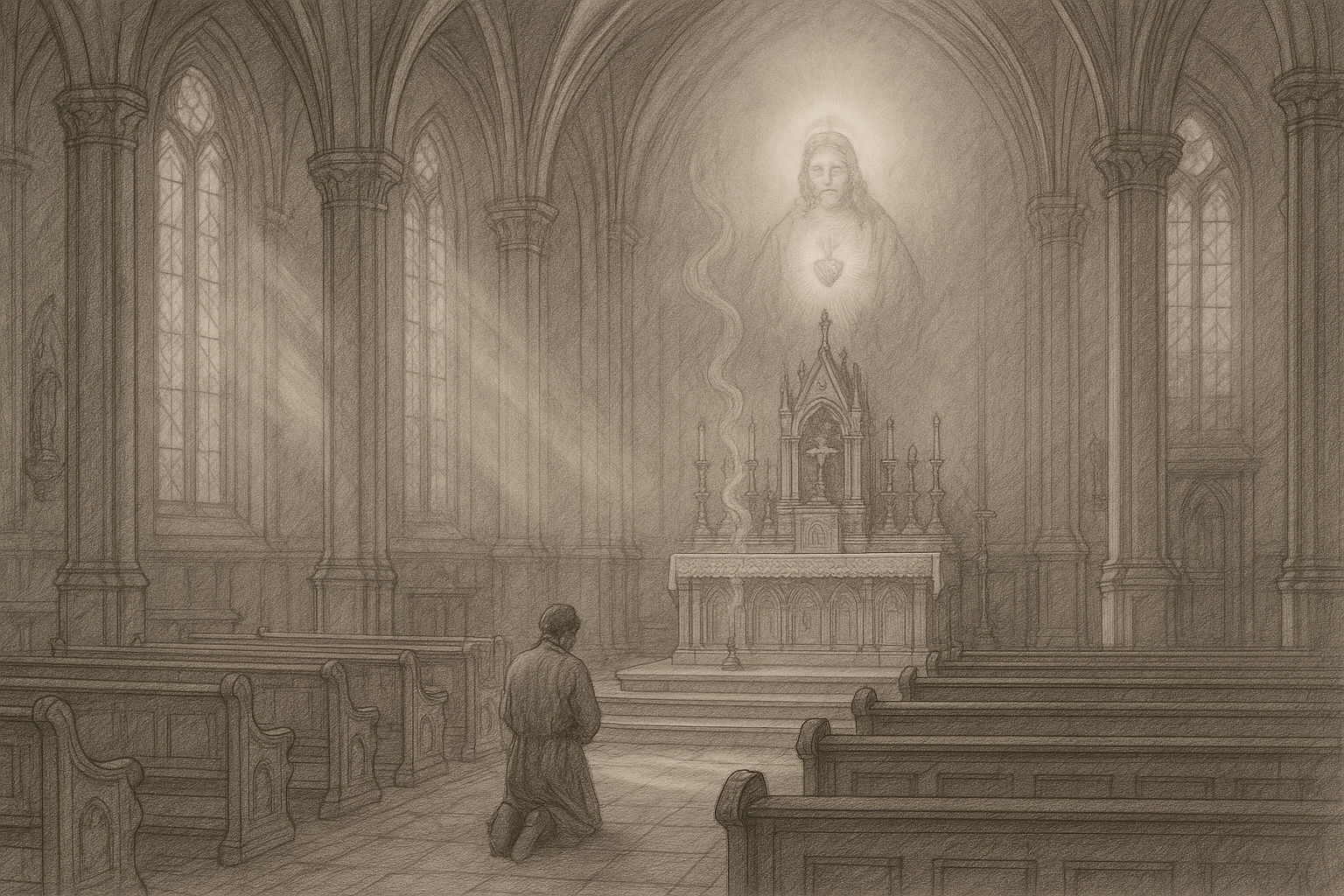 A Catholic kneeling in church during First Friday devotion before the Sacred Heart of Jesus