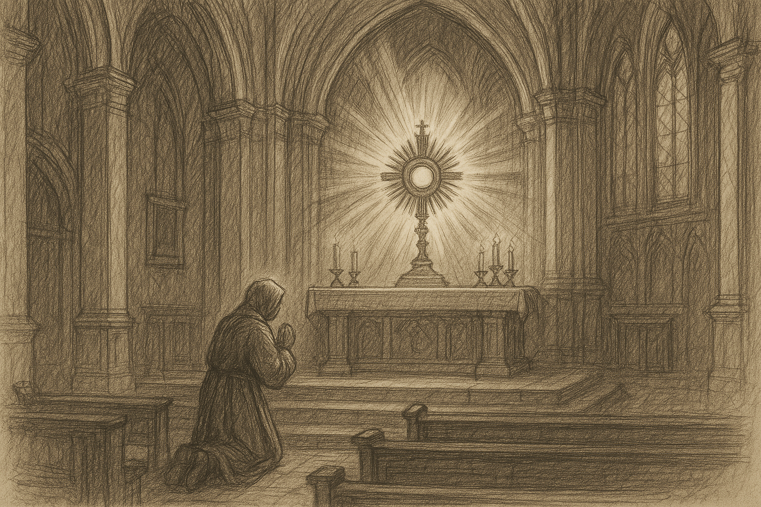 A reverent Catholic kneeling in prayer before the exposed Blessed Sacrament in a church