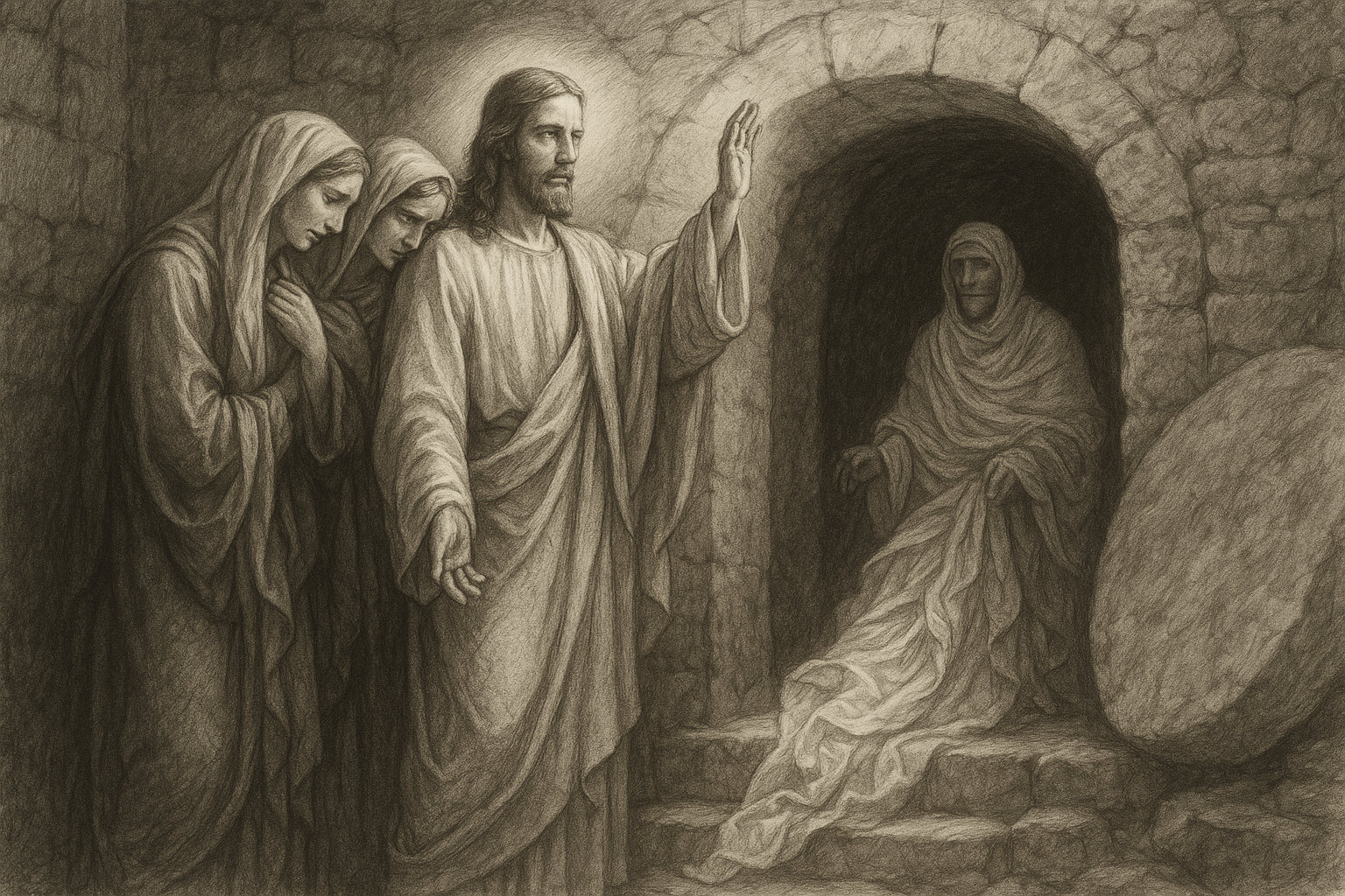 Sketch-style depiction of Jesus calling Lazarus from the tomb in Bethany