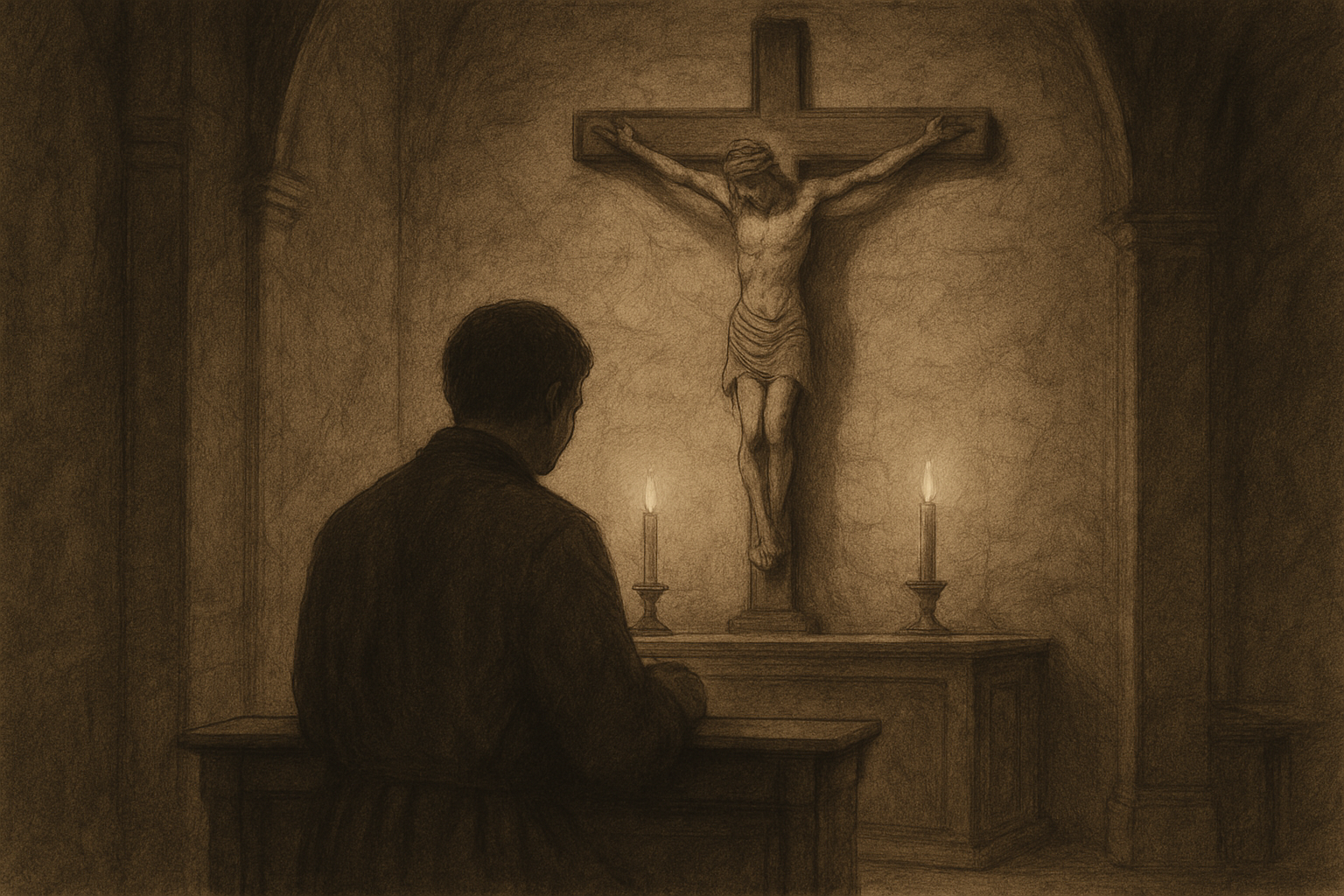 A Catholic praying in silence before a crucifix in a dim chapel