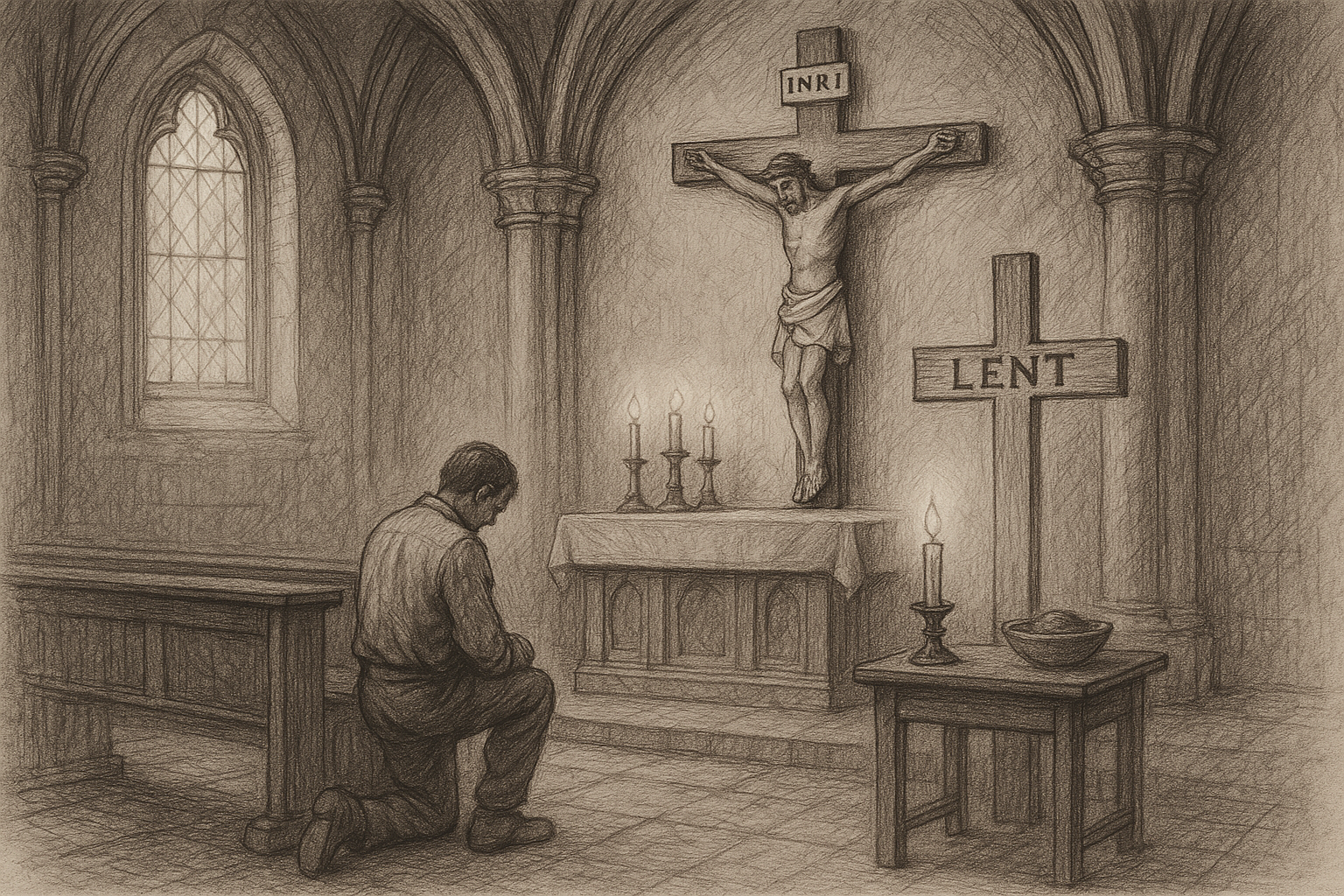 A kneeling Catholic in a church during Lent, praying before the crucifix with candles and ashes nearby