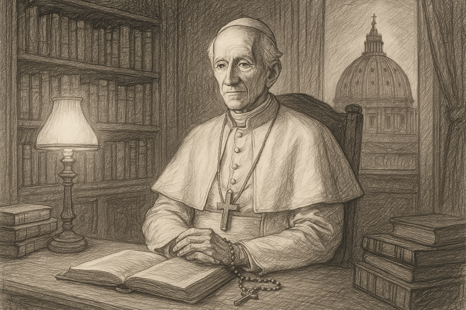 Pope Leo XIII in a Vatican study with books and rosary, drawn in a reverent sketch style
