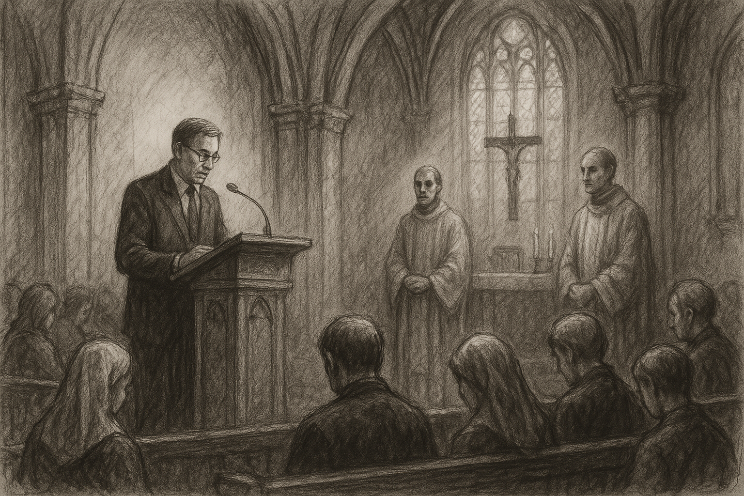 Sketch-style image of a lector proclaiming Scripture during the Liturgy of the Word at Mass