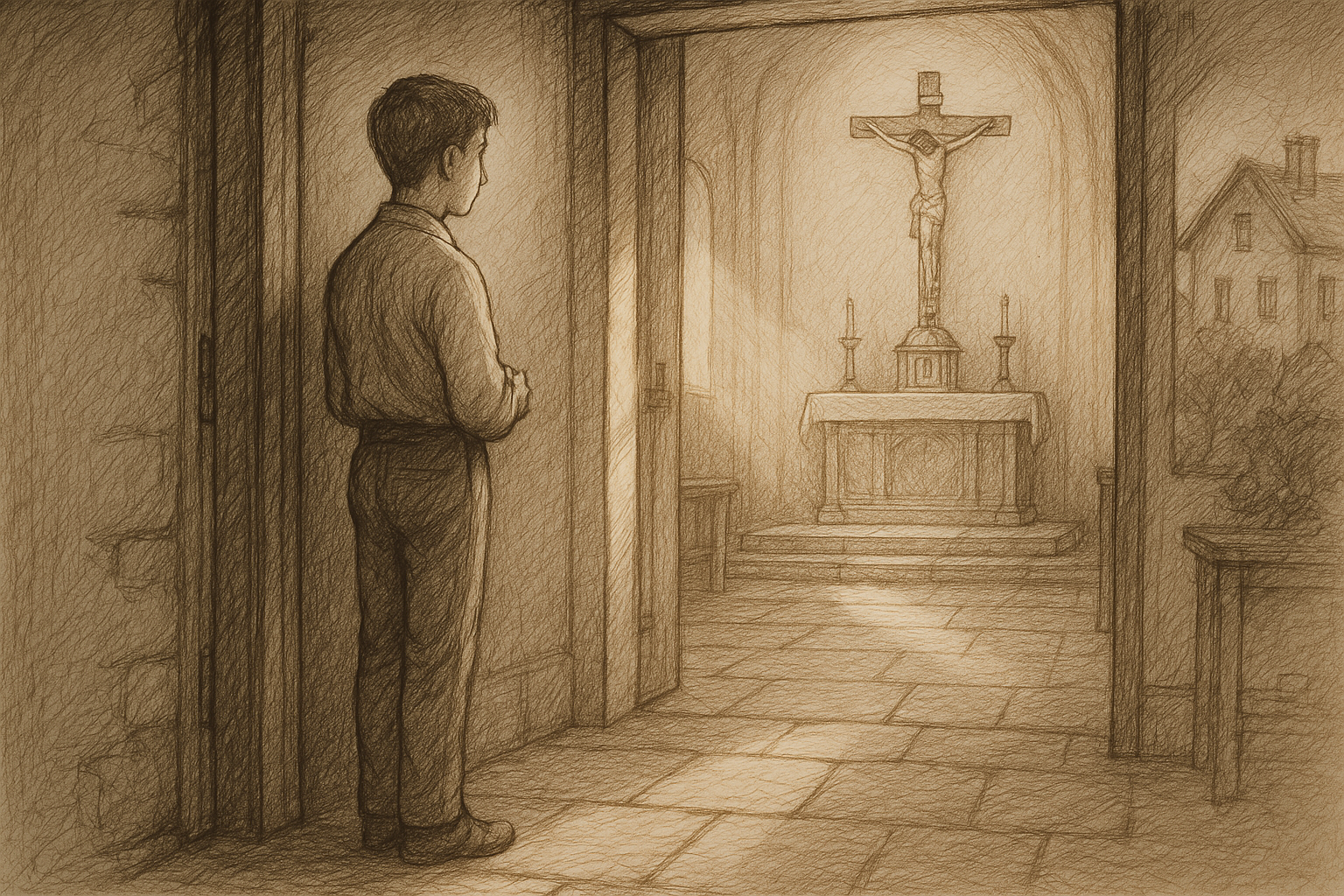 A young Catholic praying quietly in a chapel while discerning a vocation