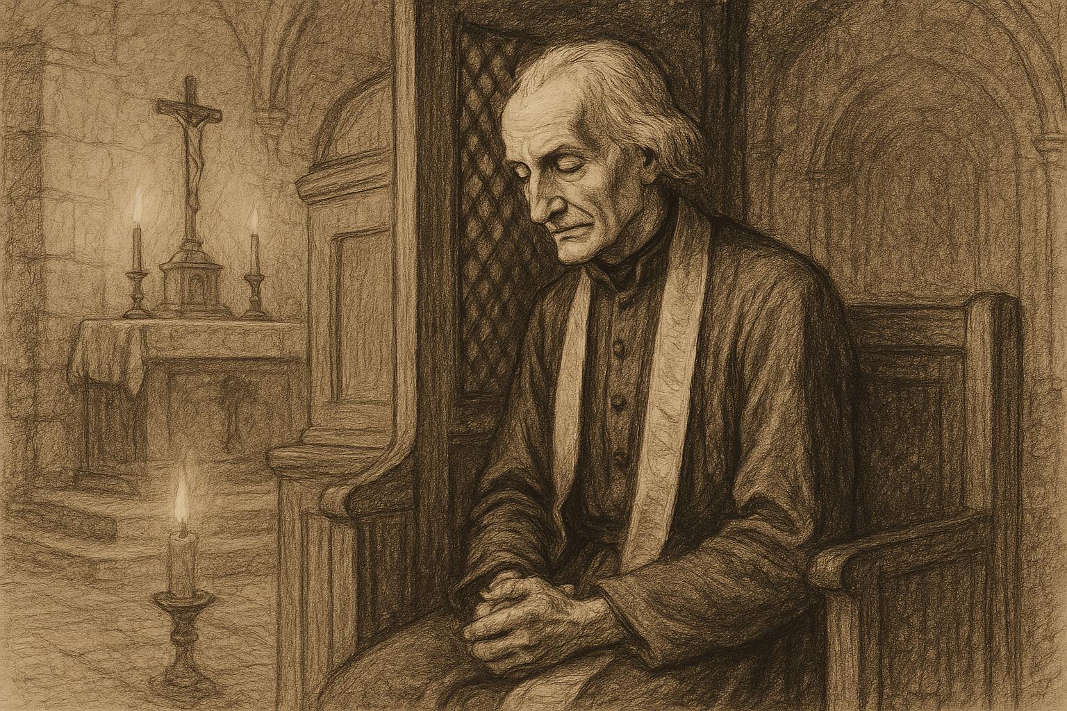 Sketch-style image of St. John Vianney in a humble church confessional with candlelight and a reverent atmosphere