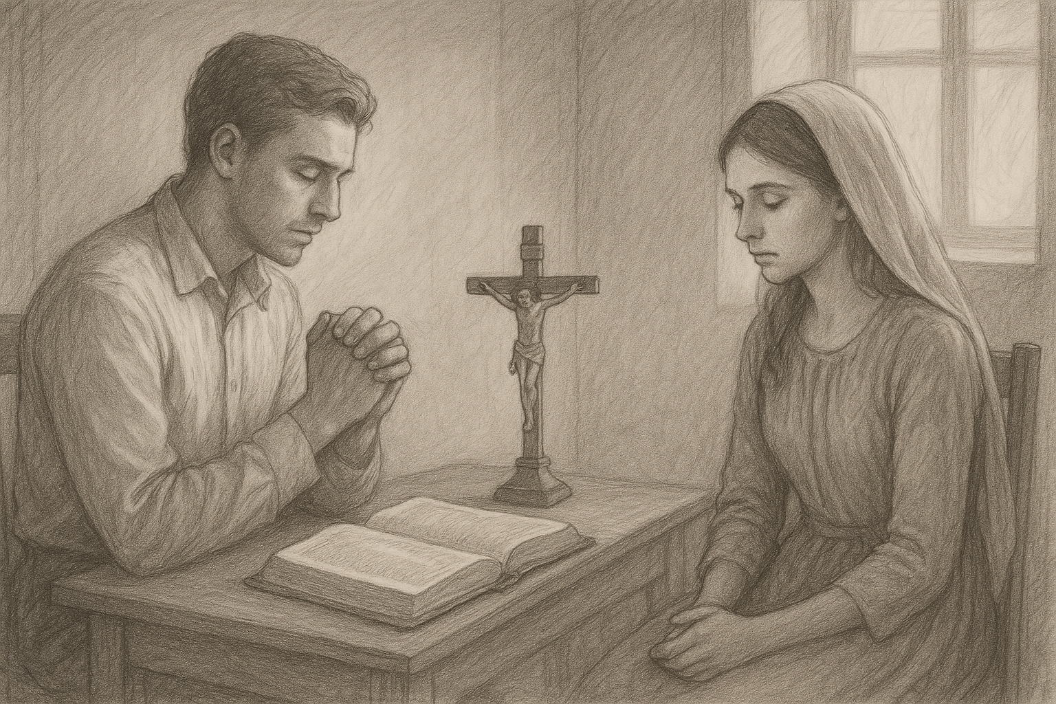 A reverent sketch of an engaged Catholic couple reflecting on chastity and marriage before a crucifix and open Bible