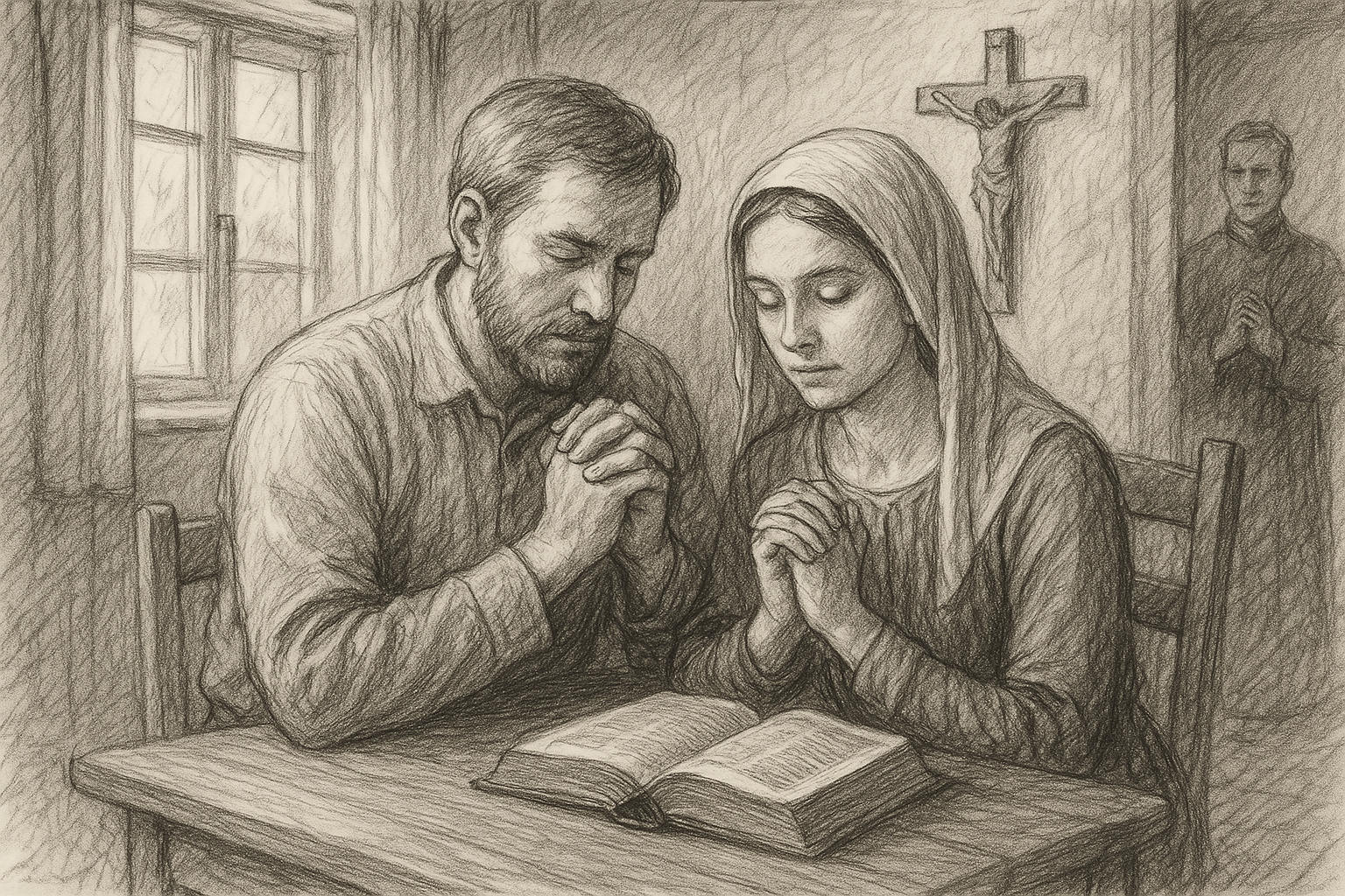 A reverent sketch of a Catholic couple praying in a modest home with a crucifix and Bible nearby