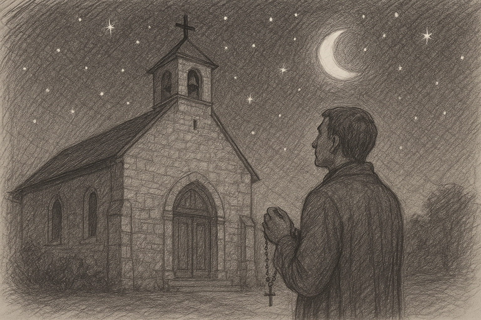 A Catholic believer standing in prayer beneath a starry night sky near a church
