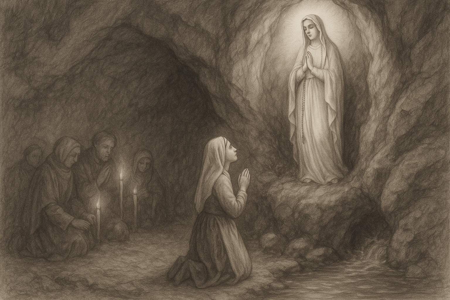 Sketch-style depiction of the grotto at Lourdes with St. Bernadette, the Blessed Virgin Mary, and kneeling pilgrims in prayer