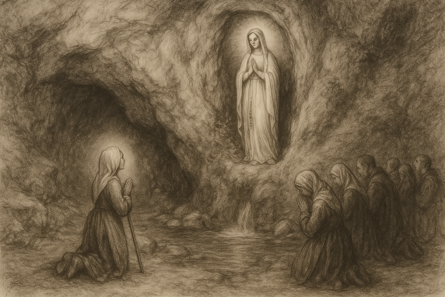 A reverent sketch-style depiction of Our Lady of Lourdes appearing to Saint Bernadette at the grotto