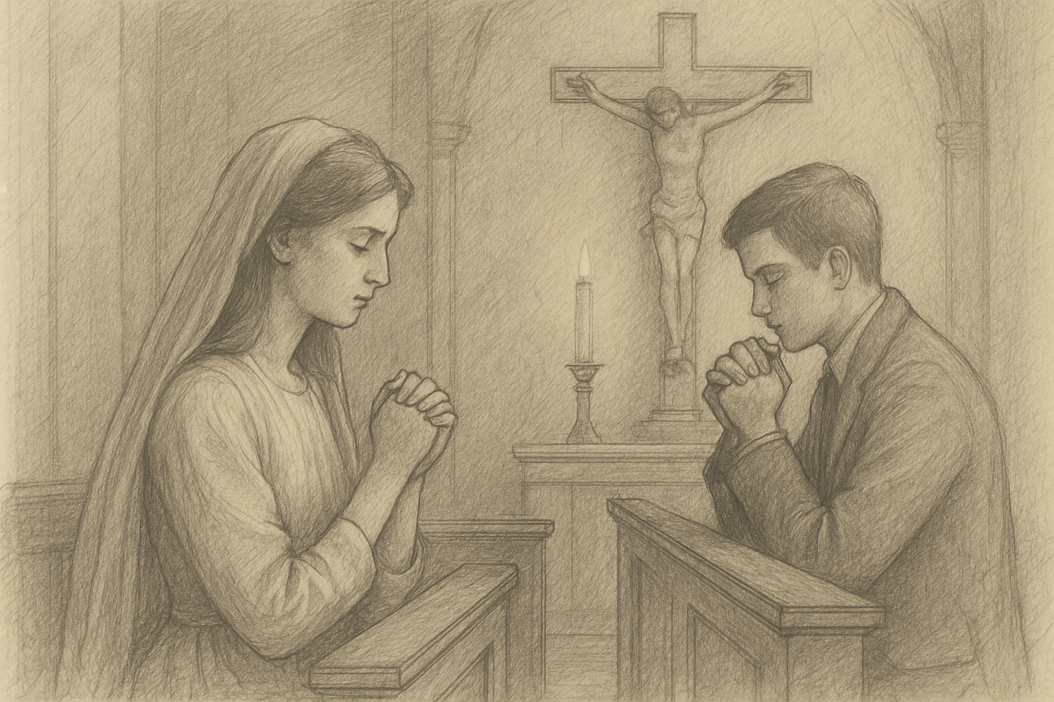 A sketch-style image of a Catholic couple in prayer inside a church, reflecting chastity and discernment before marriage
