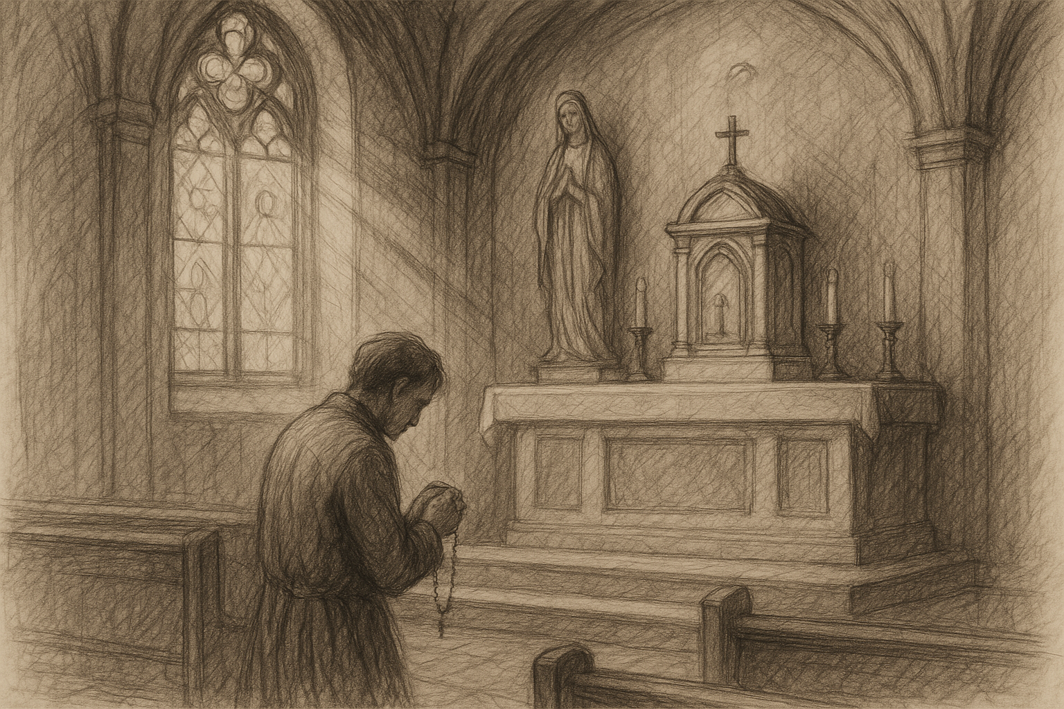 A reverent sketch of a Catholic praying the First Saturday devotion before the Blessed Sacrament