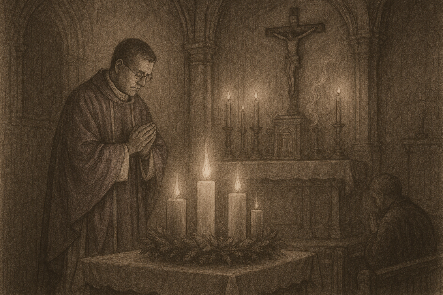 Sketch-style Catholic Advent scene with an Advent wreath, candlelight, and a prayerful church interior