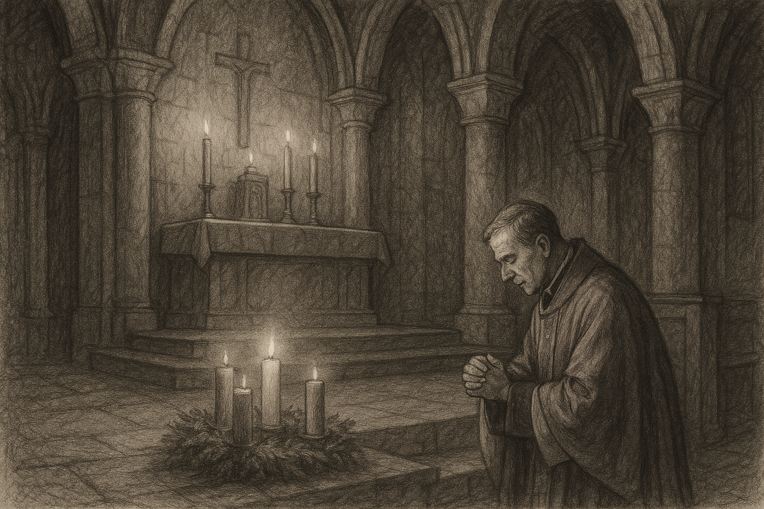A Catholic Advent wreath glowing in a quiet church with a priest in violet vestments
