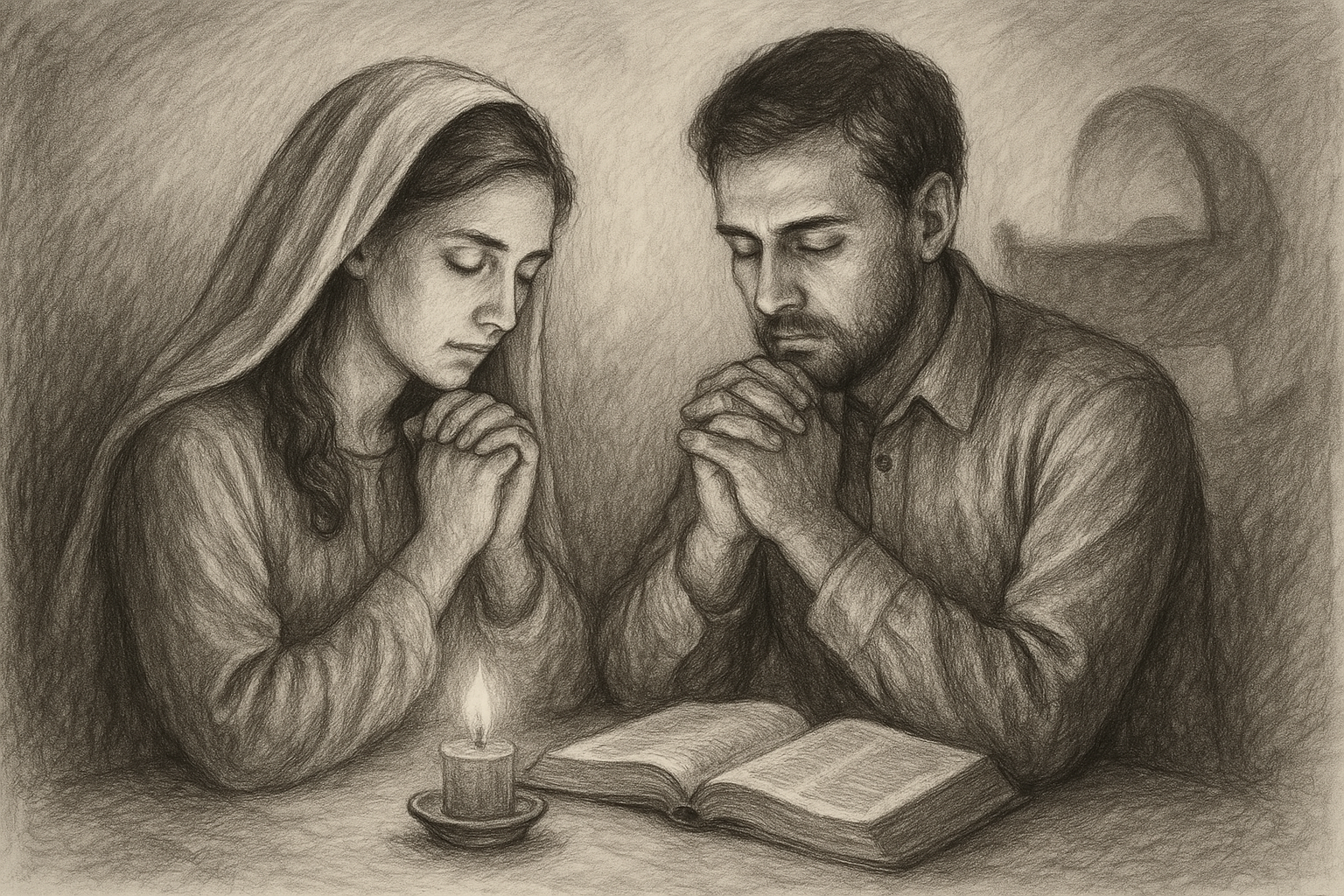 Sketch-style illustration of a Catholic couple in prayer with an open Bible and a gentle cradle silhouette