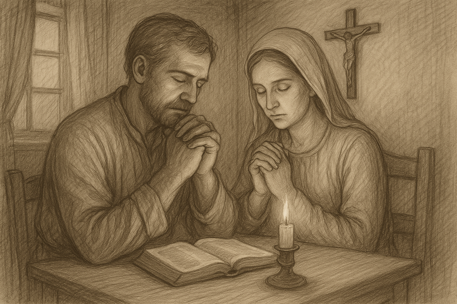 Sketch-style Catholic married couple praying together at home with an open Bible and candle