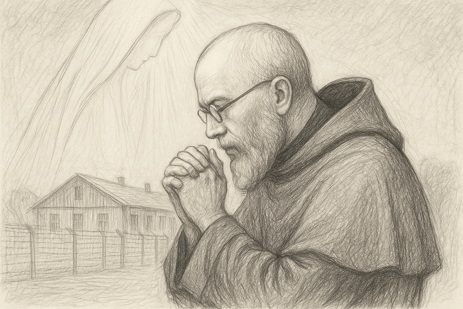 Sketch-style reverent illustration of St. Maximilian Kolbe in prayer with a solemn wartime background