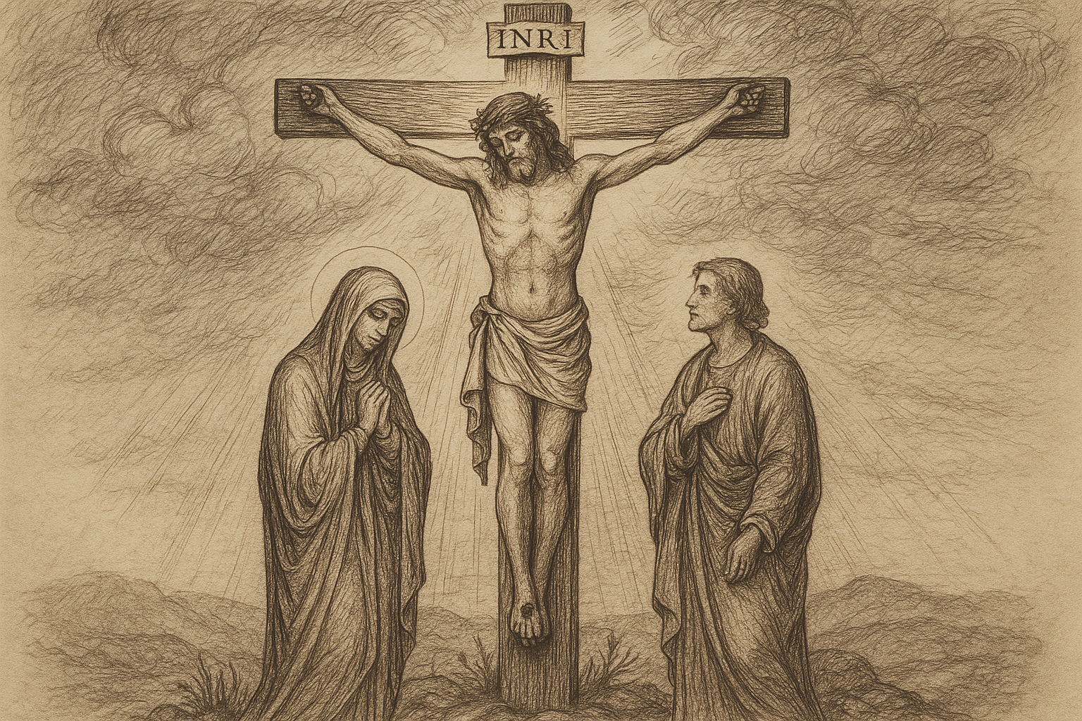 Mary standing at the foot of the Cross on Calvary in a reverent Catholic sketch illustration