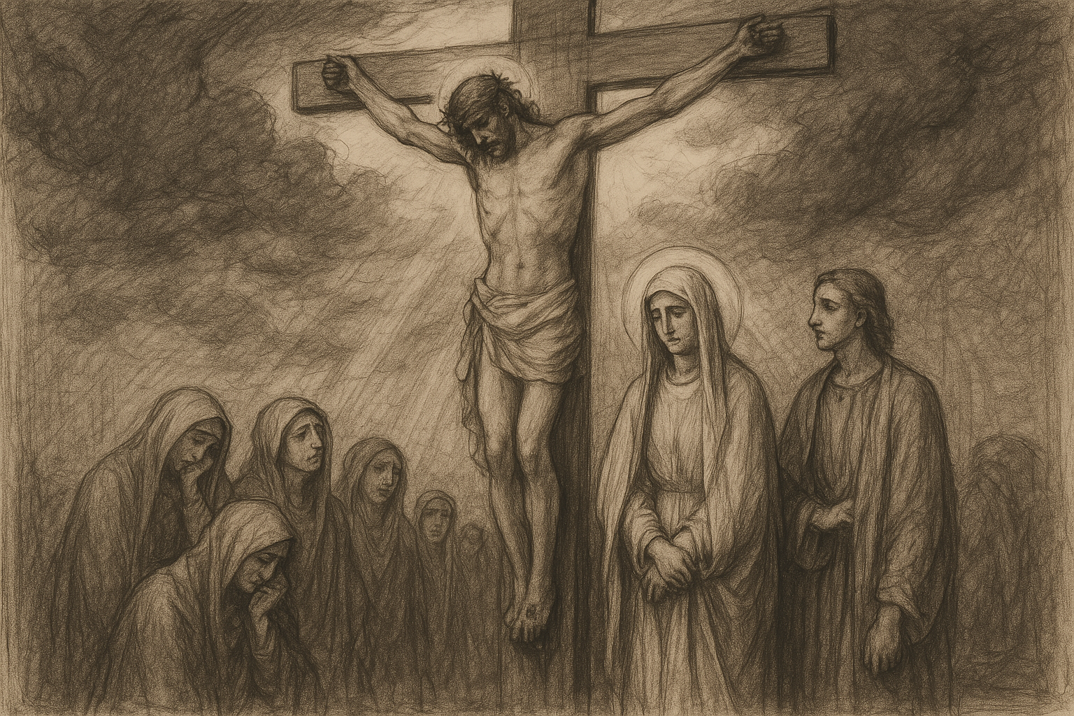 Sketch-style depiction of Mary standing at the foot of the Cross at Calvary
