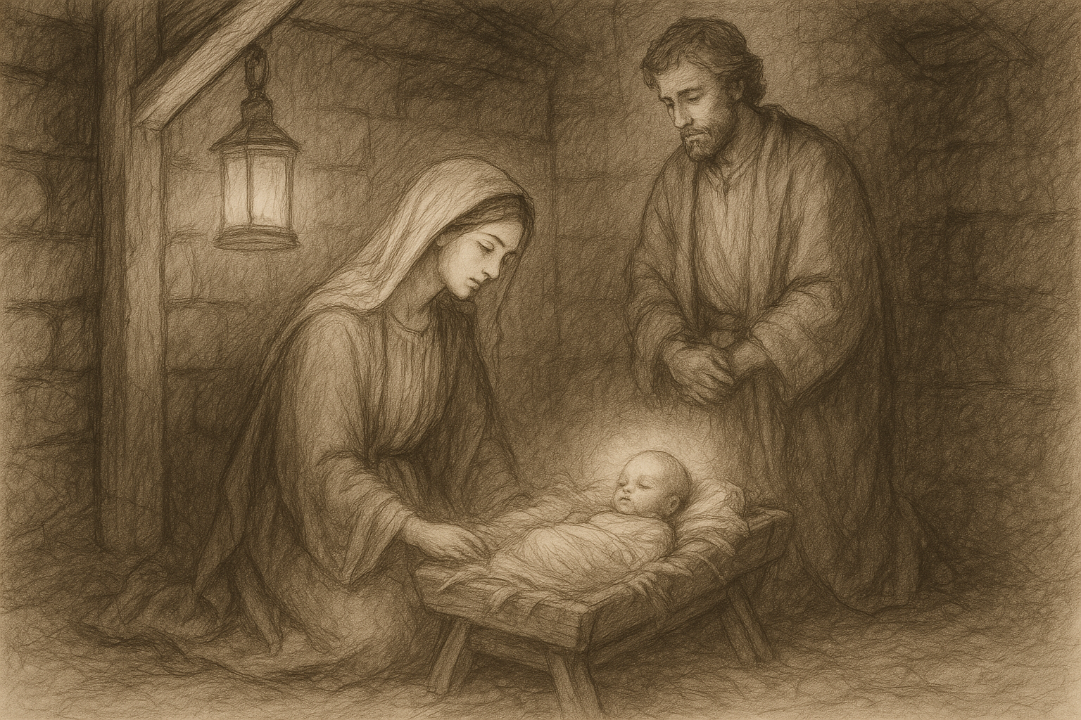 Sketch-style Nativity scene with Mary in quiet reverence beside the infant Jesus