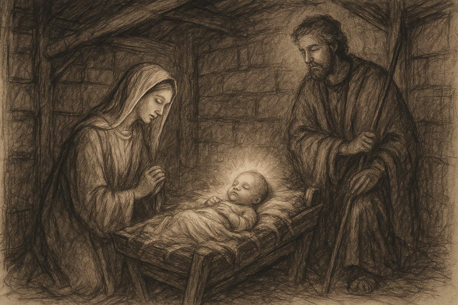 Sketch-style Nativity scene with Mary kneeling beside the infant Jesus in Bethlehem