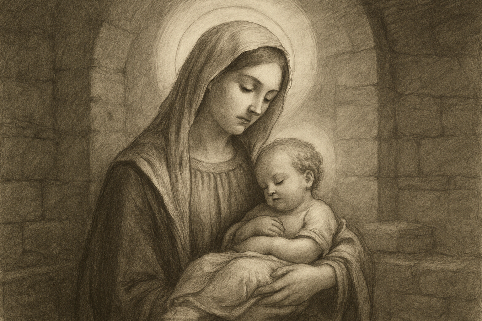 Pencil sketch of Mary holding the infant Jesus in a reverent Bethlehem scene