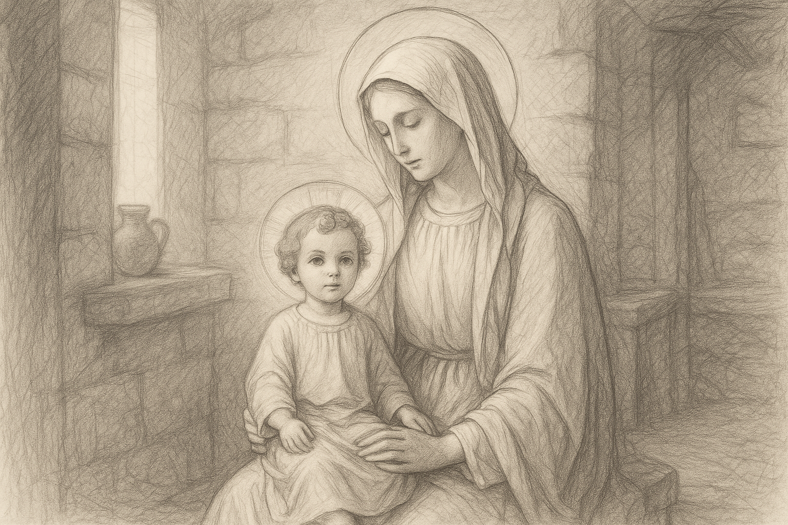 Sketch-style reverent depiction of the Blessed Virgin Mary in prayer with the child Jesus in Nazareth
