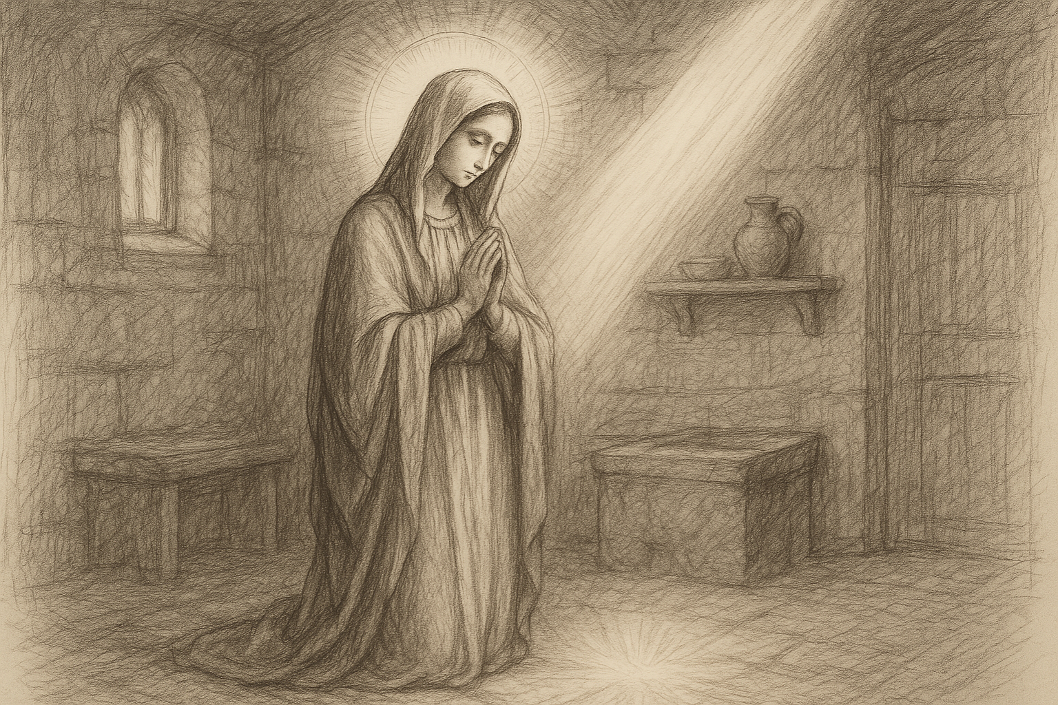 Reverent sketch of the Blessed Virgin Mary in prayer, symbolizing her perpetual virginity and devotion to Christ