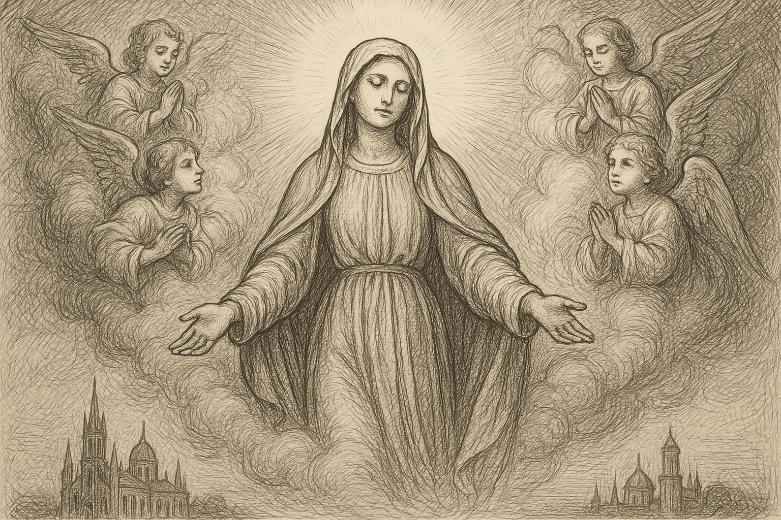 Sketch-style sacred illustration of the Blessed Virgin Mary assumed into heavenly glory