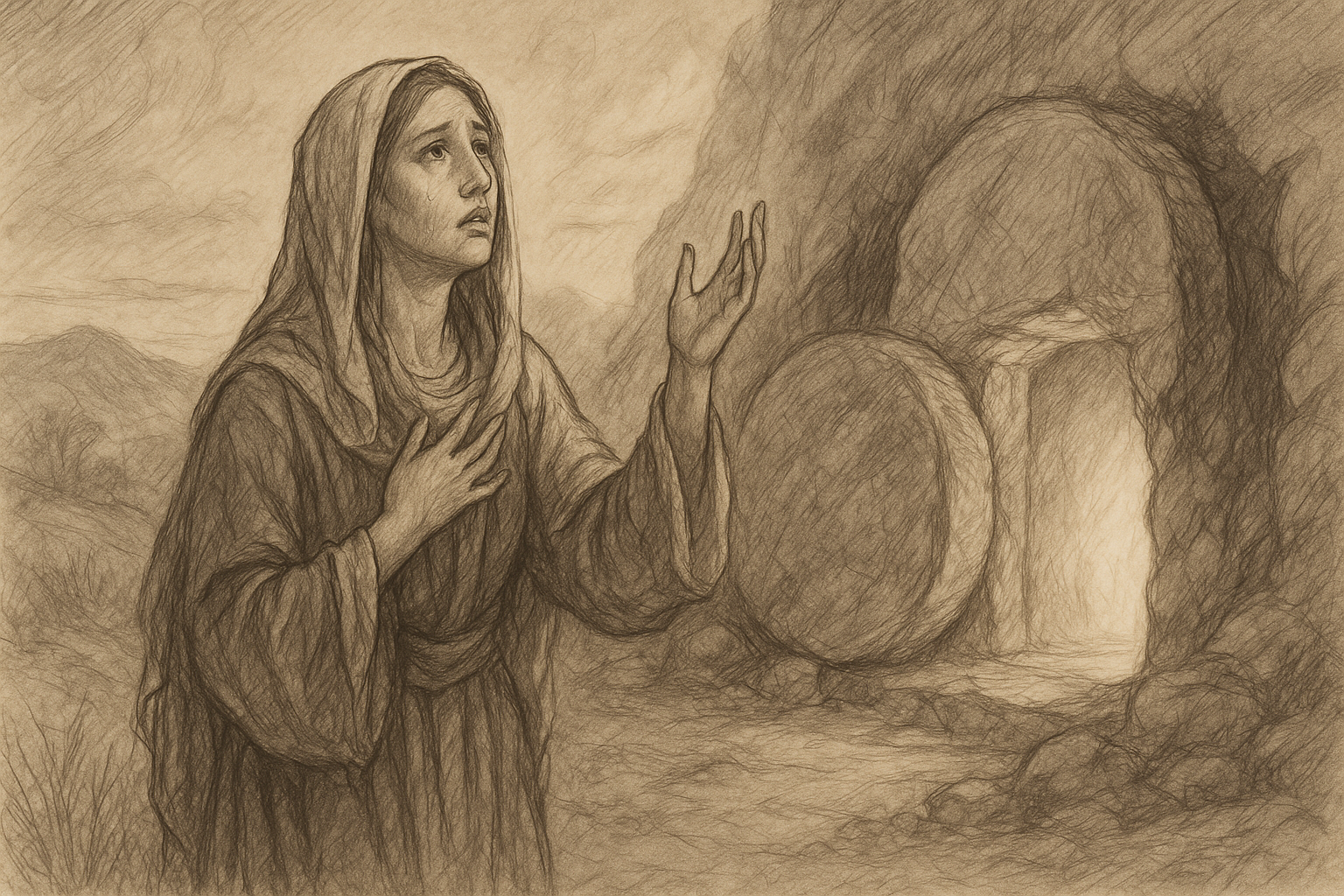 Mary Magdalene standing before the empty tomb at dawn in a reverent biblical illustration