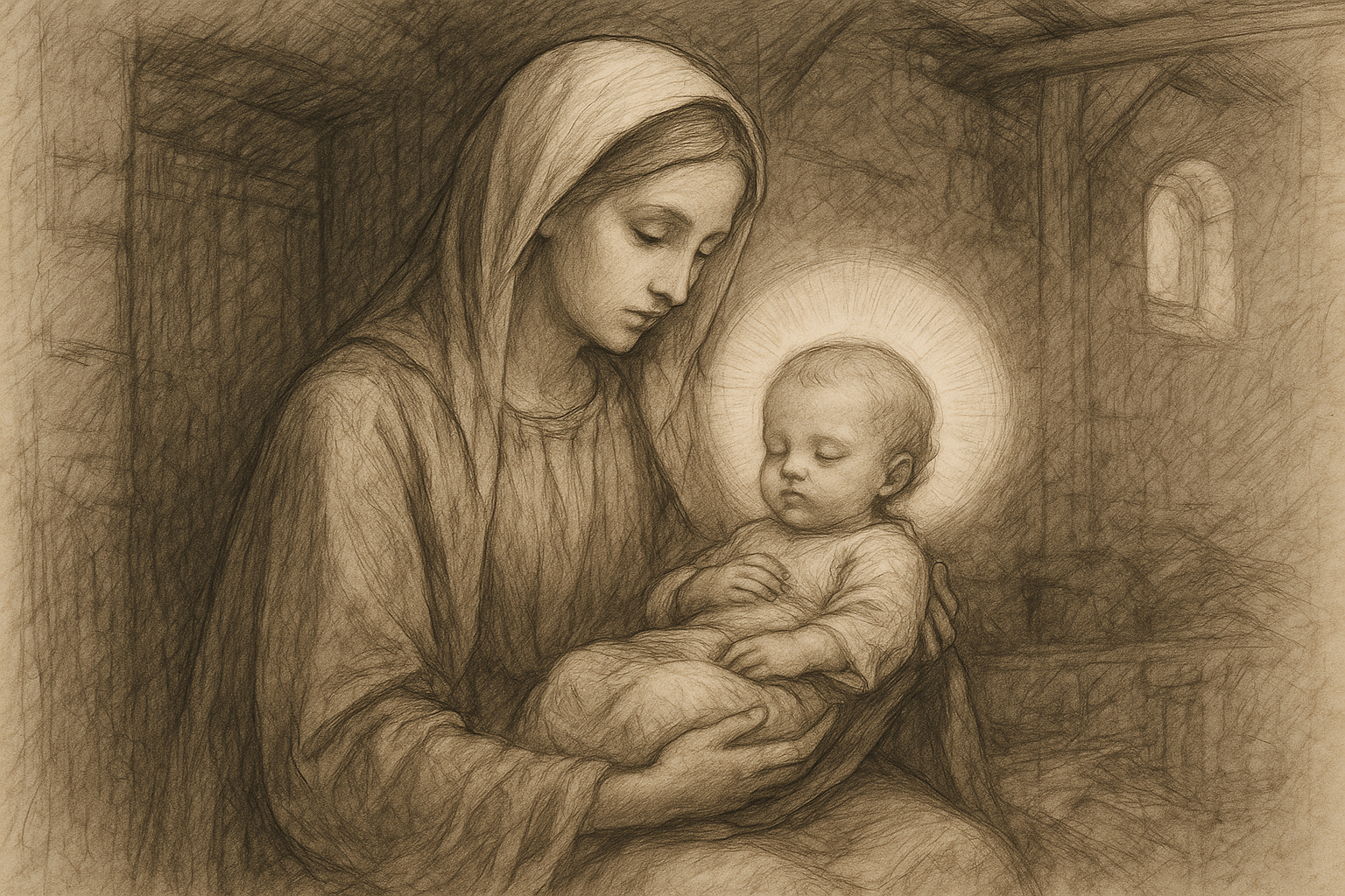 Sketch-style sacred image of Mary holding the infant Jesus in a reverent Catholic scene