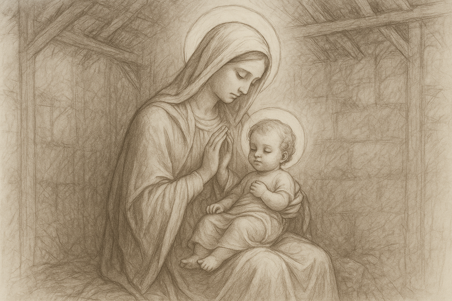 Mary holding the Christ Child in a reverent sketch-style sacred illustration