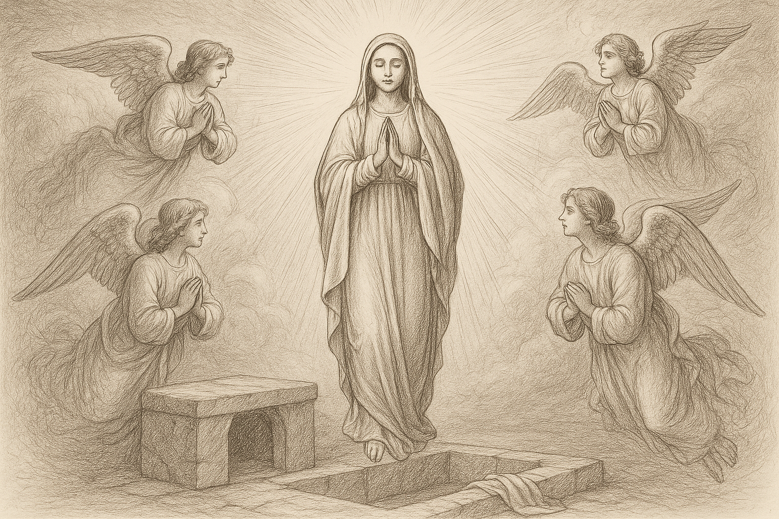 Sketch-style illustration of the Blessed Virgin Mary being assumed into heavenly glory with angels and soft rays of light