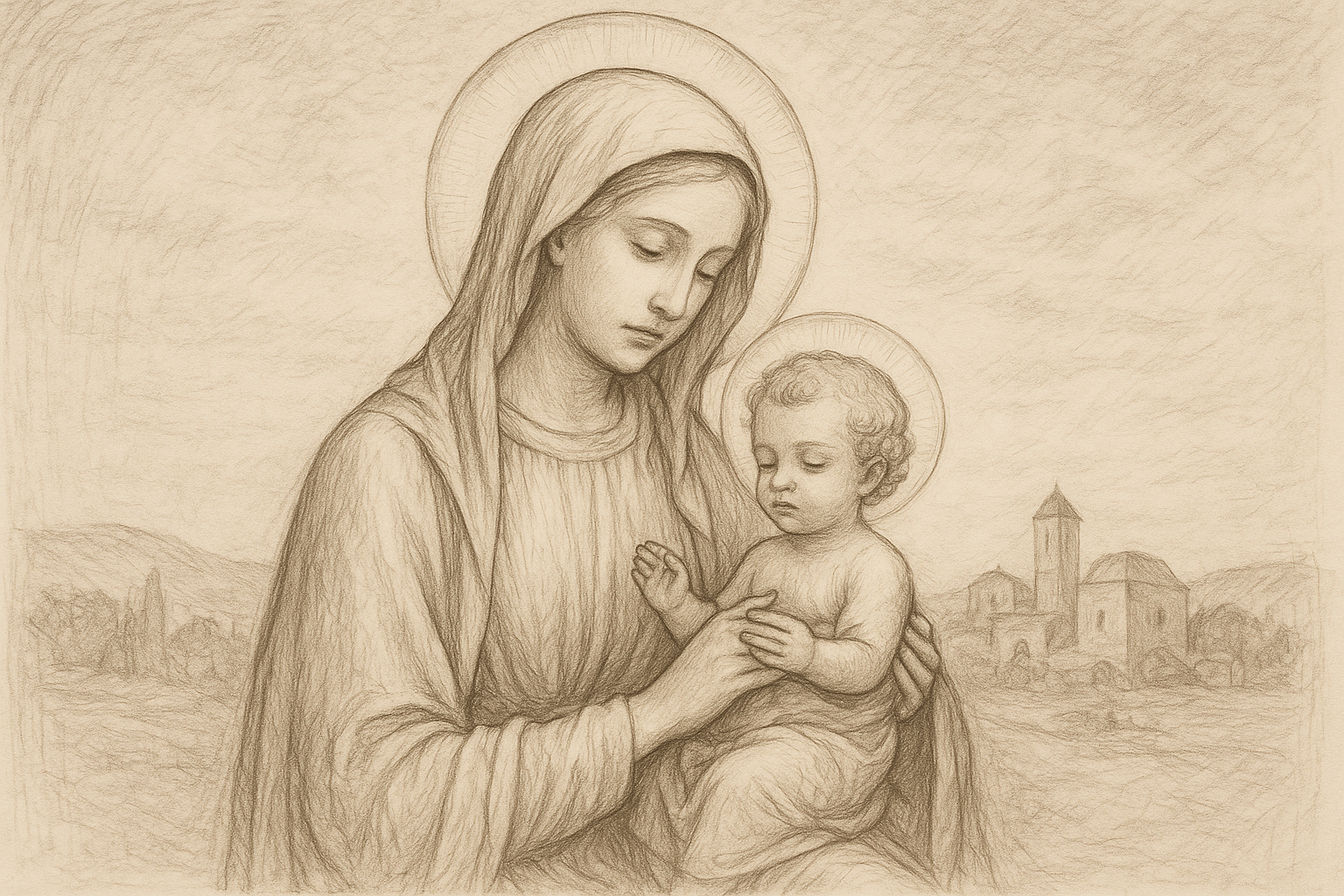 Sketch-style sacred image of Mary holding the Christ Child in a reverent devotional scene
