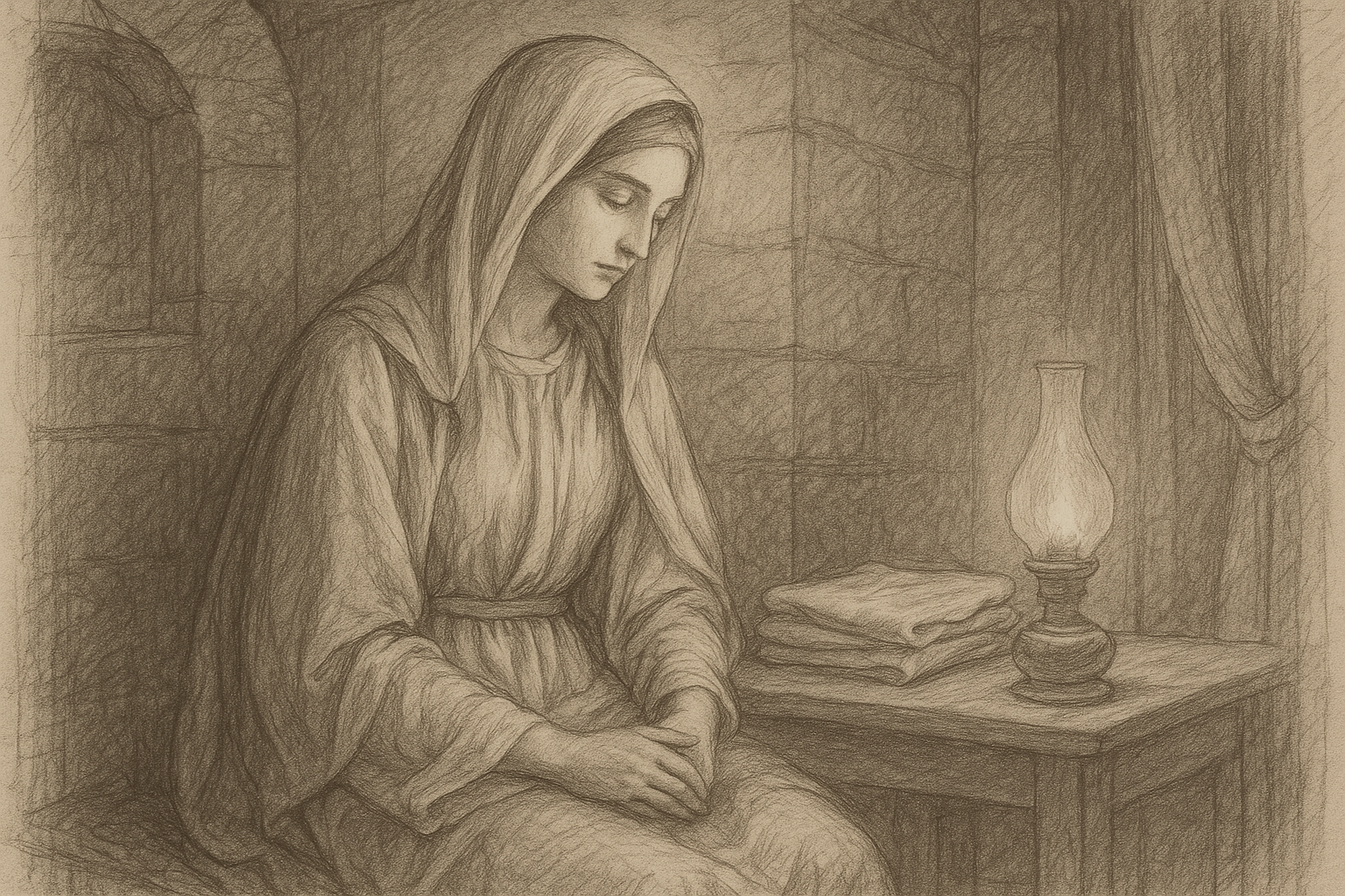 Sketch-style image of the Blessed Virgin Mary in a quiet home, symbolizing prayerful Catholic motherhood.