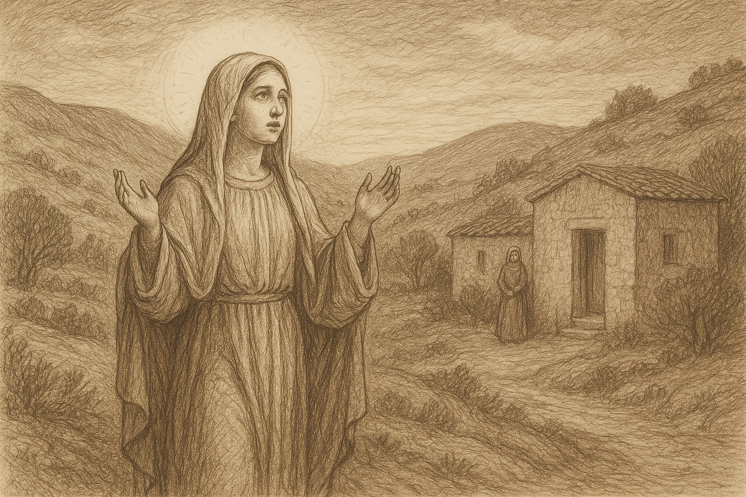 The Blessed Virgin Mary praying the Magnificat in a reverent biblical setting