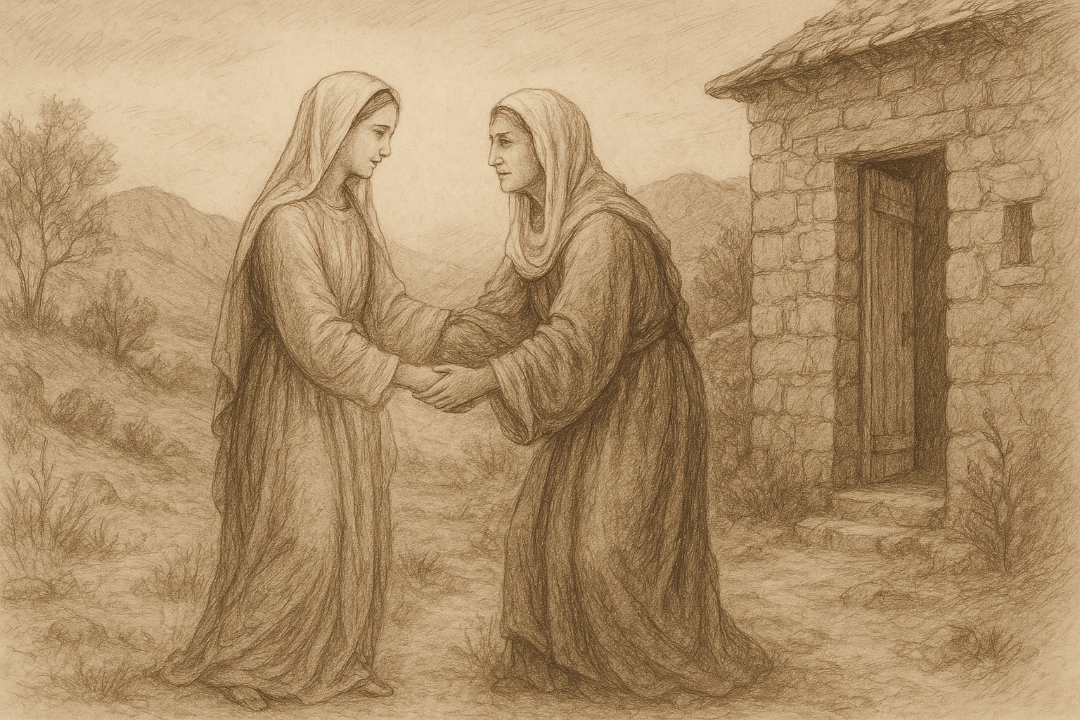 Mary greets Elizabeth during the Visitation in a reverent biblical scene