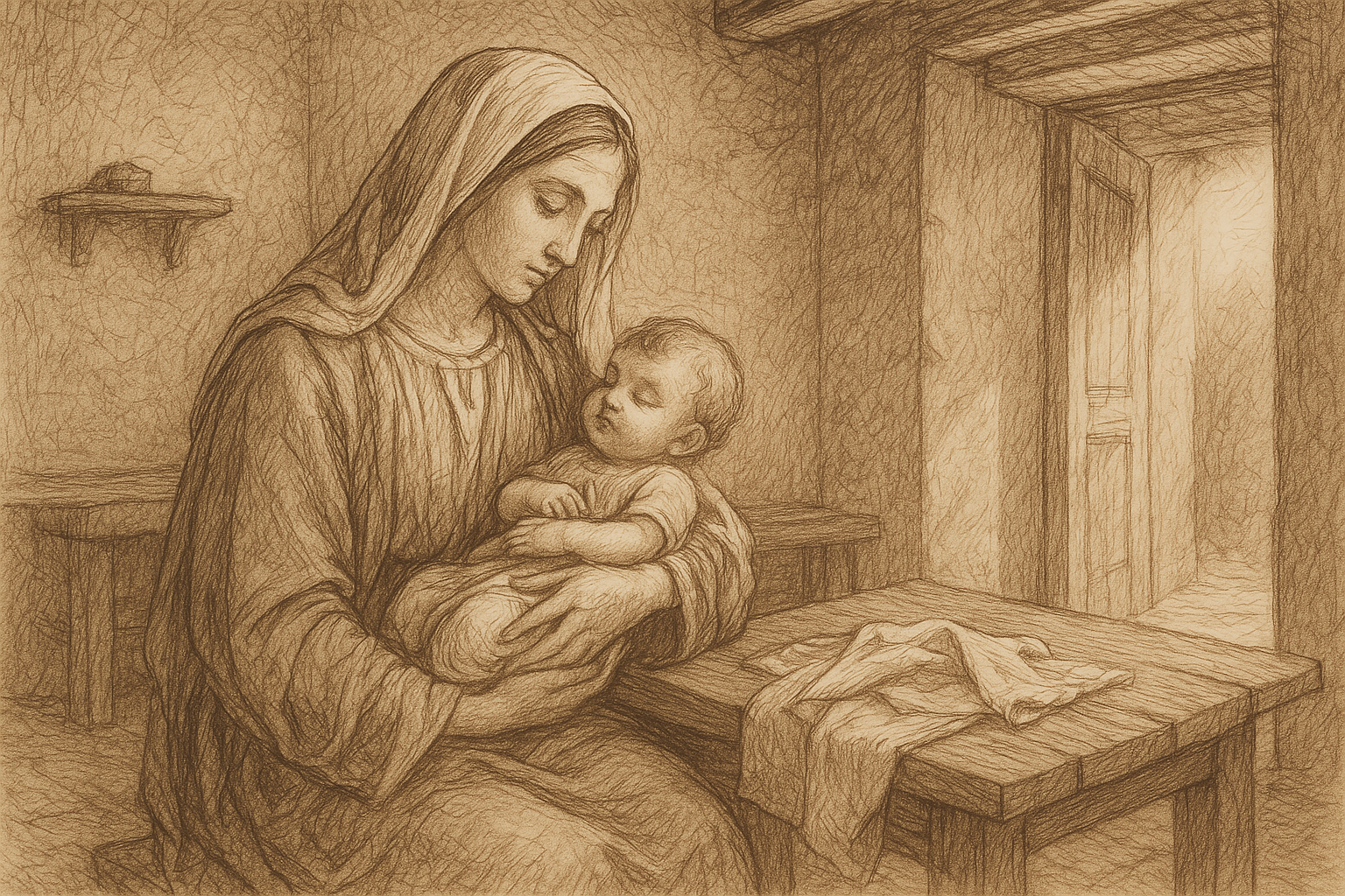 Sketch-style sacred illustration of Mary with the Child Jesus in a quiet Nazareth home