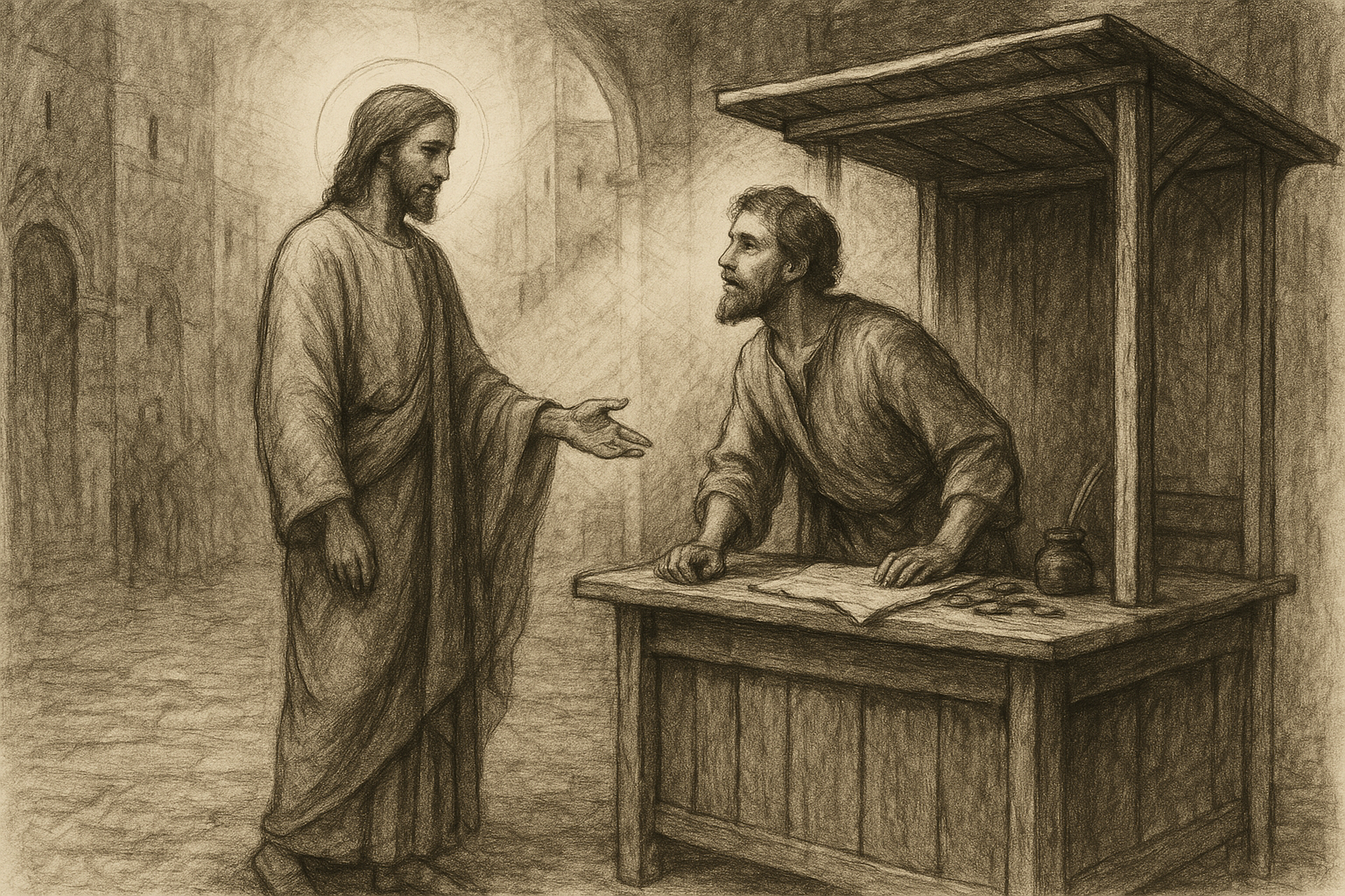 Sketch-style scene of Jesus calling St. Matthew from the tax booth