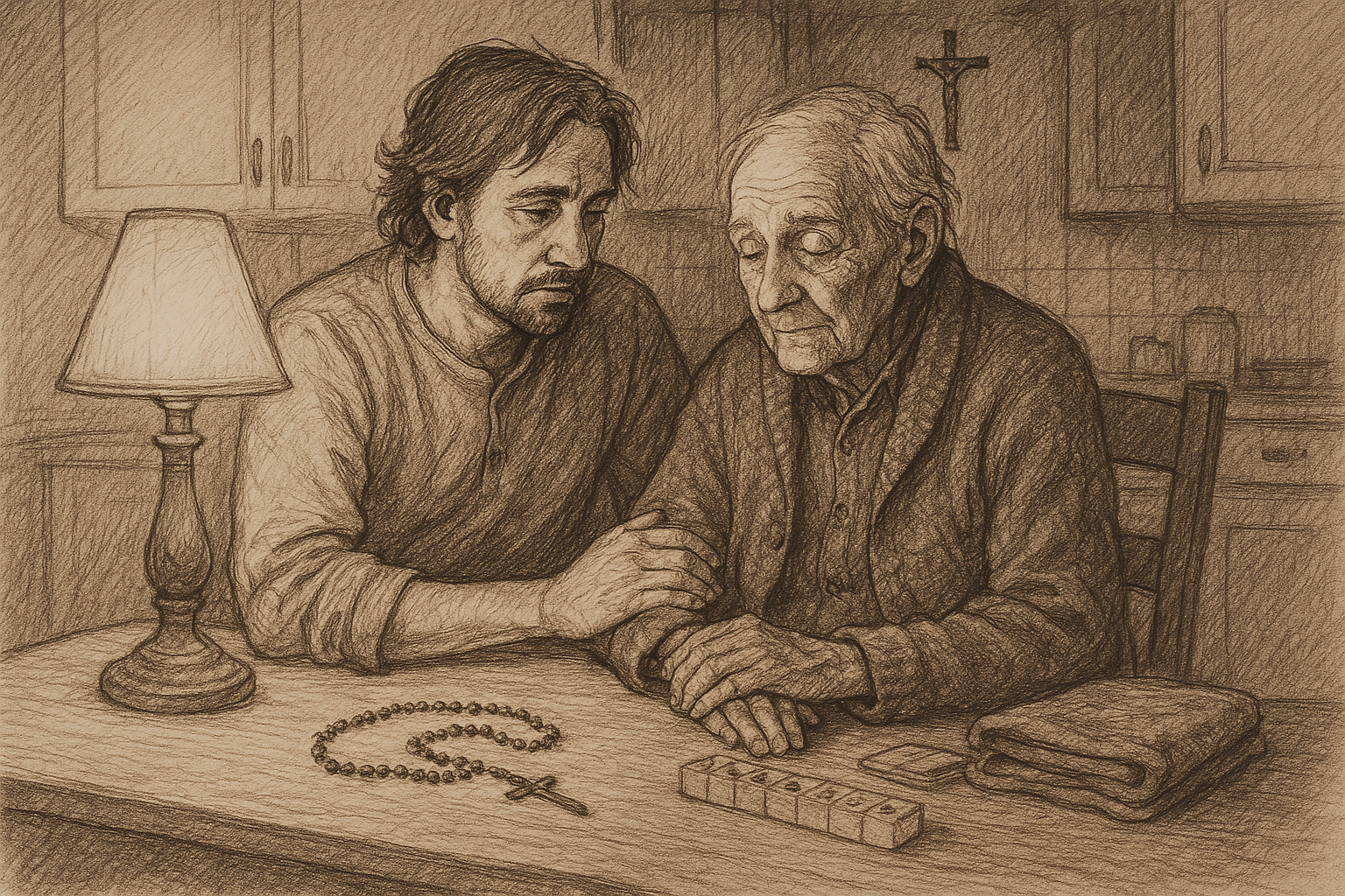 An adult child quietly caring for an aging parent at a kitchen table in a reverent Catholic home scene