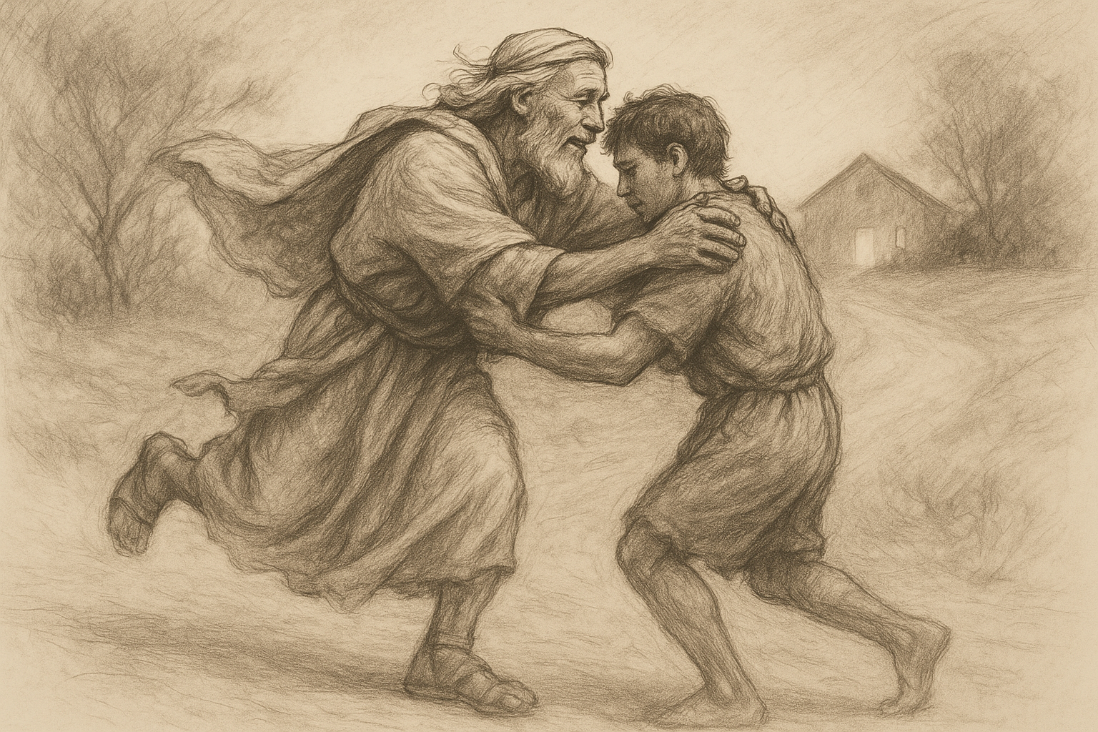 Sketch-style scene of the father embracing the returning prodigal son on the road home