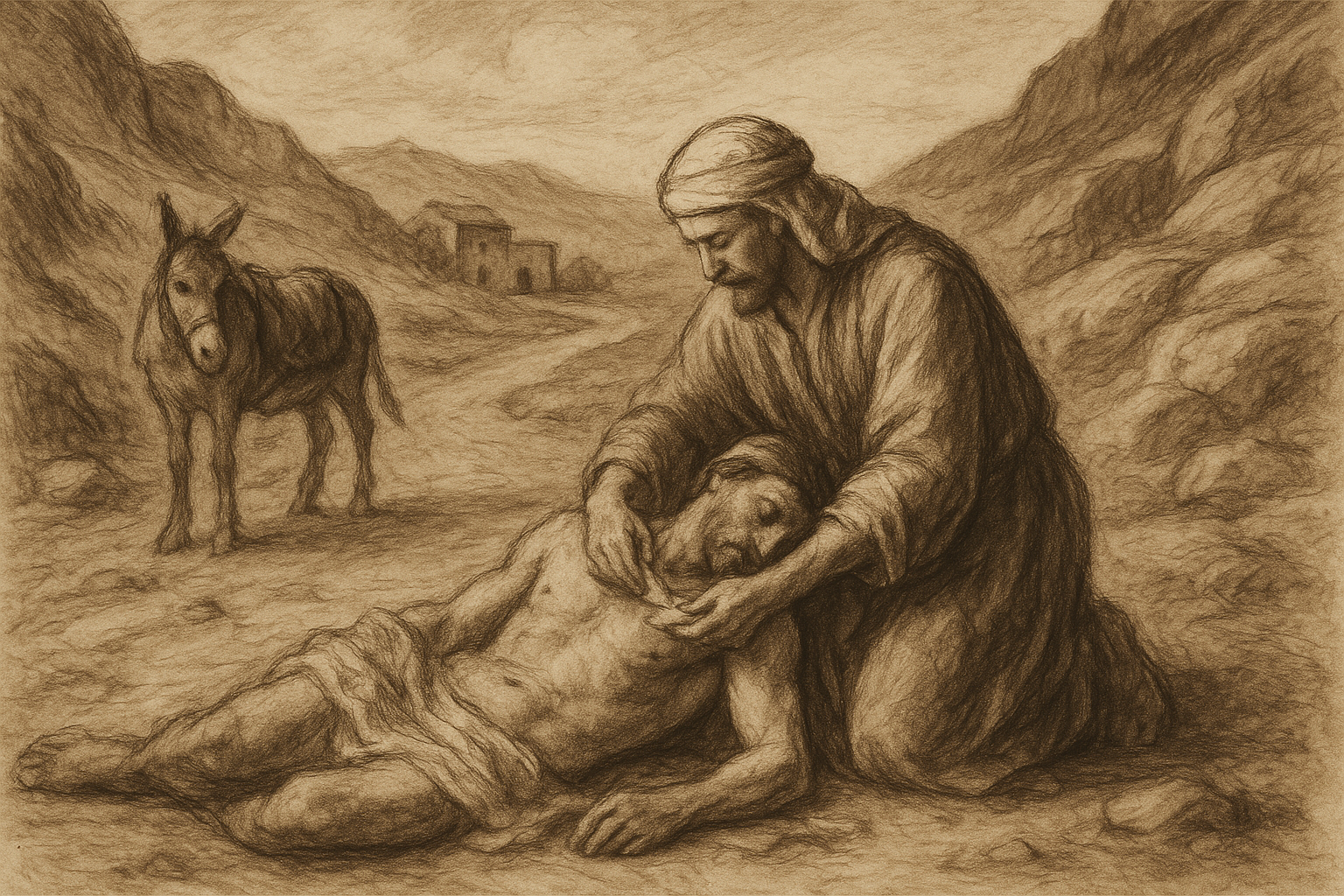 Sketch-style biblical scene of the Good Samaritan binding the wounds of an injured man beside the road