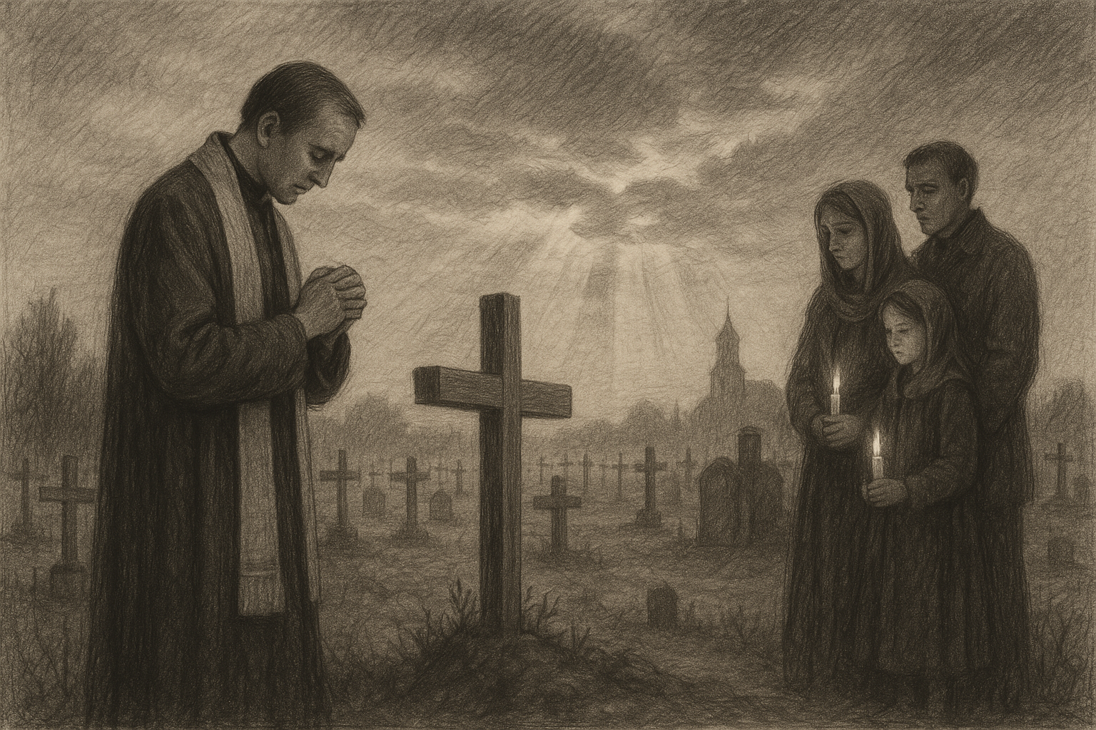 A priest and family praying for the dead in a Catholic cemetery at dusk