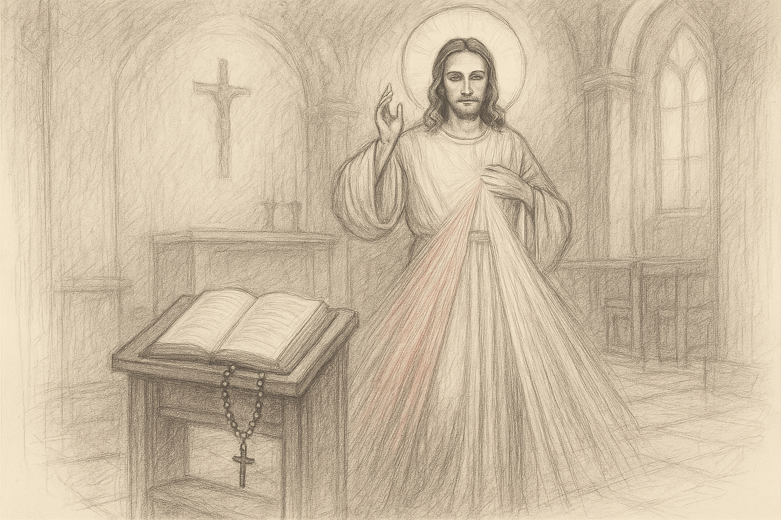 Sketch-style sacred image of Jesus as Divine Mercy with rays from his Heart in a quiet chapel