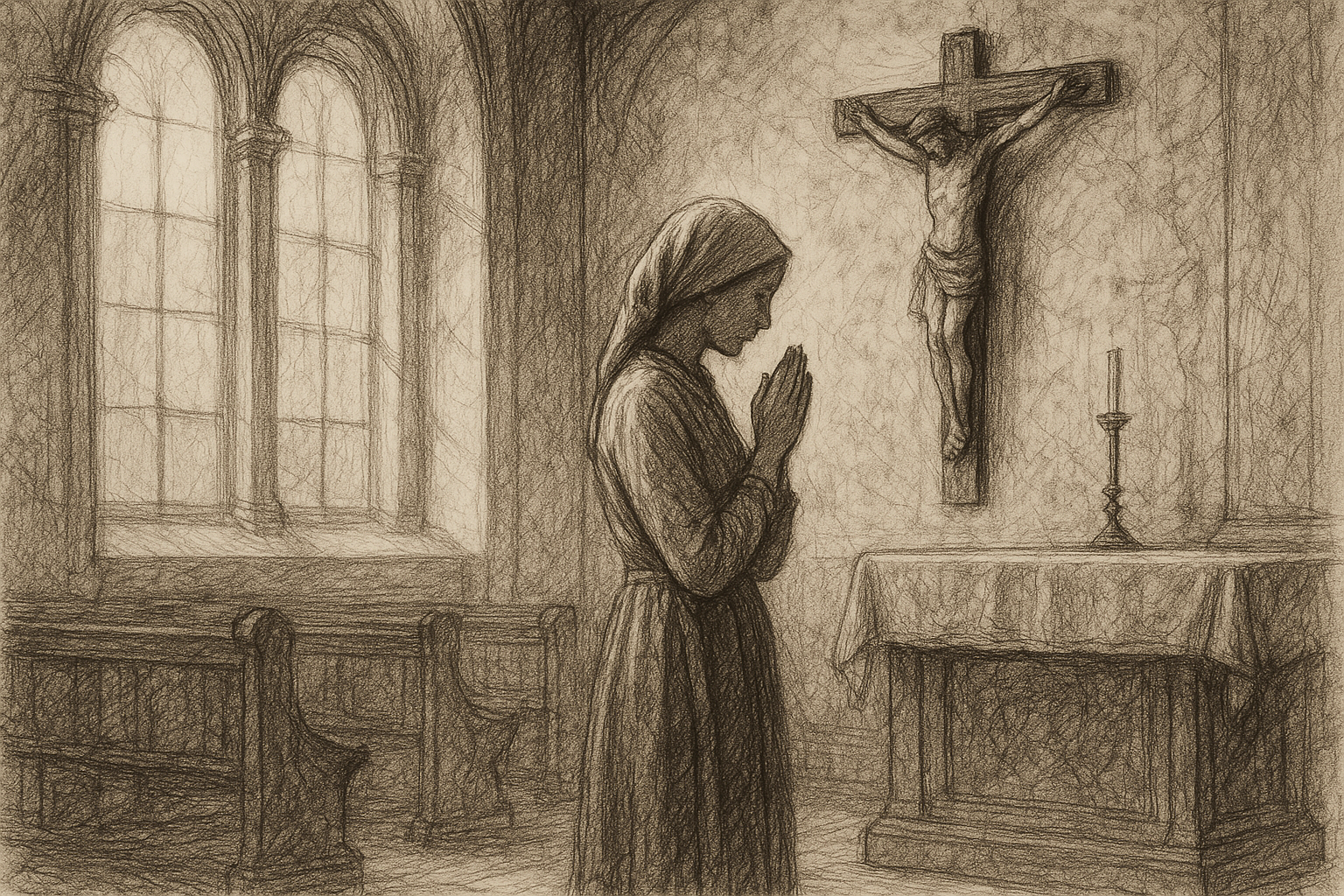 A modestly dressed Catholic person praying quietly in a reverent interior with soft light and a crucifix