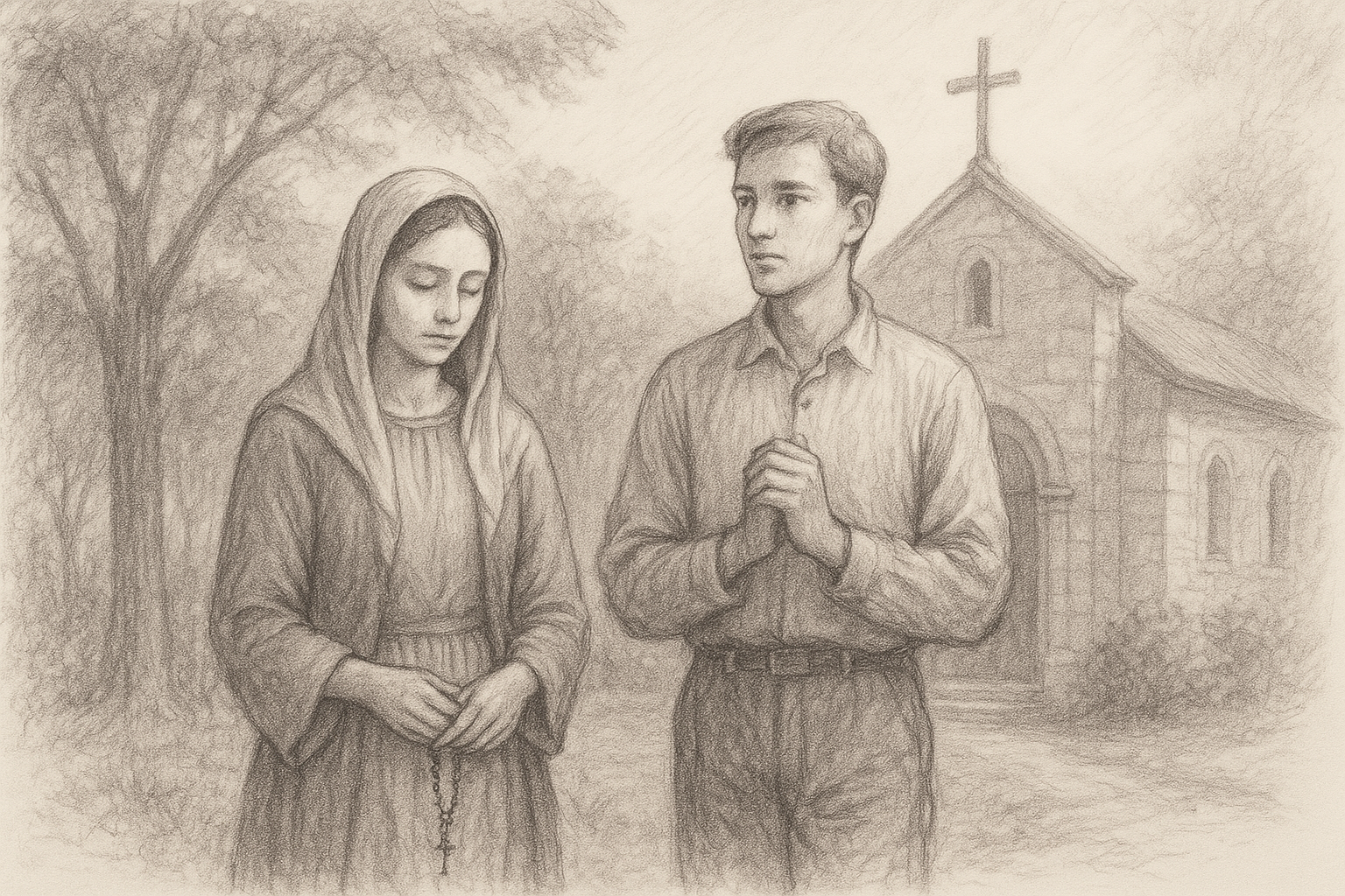 Sketch-style Catholic scene of modest, reverent people outside a parish church in soft light