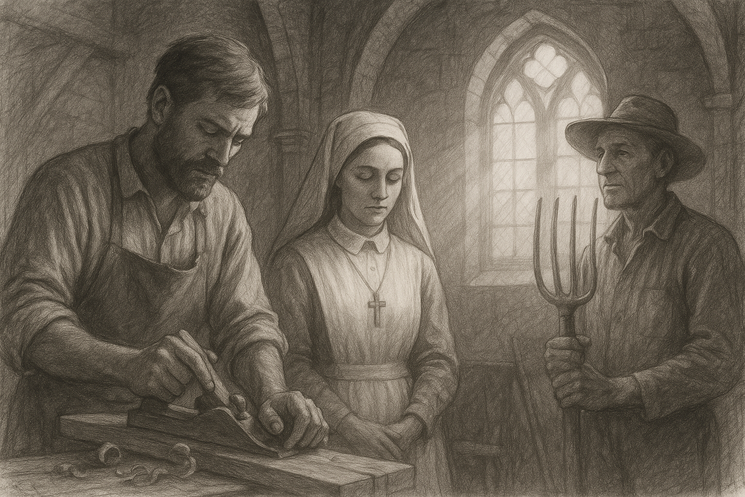 A reverent sketch of workers in different vocations, symbolizing the dignity of labor in Catholic teaching