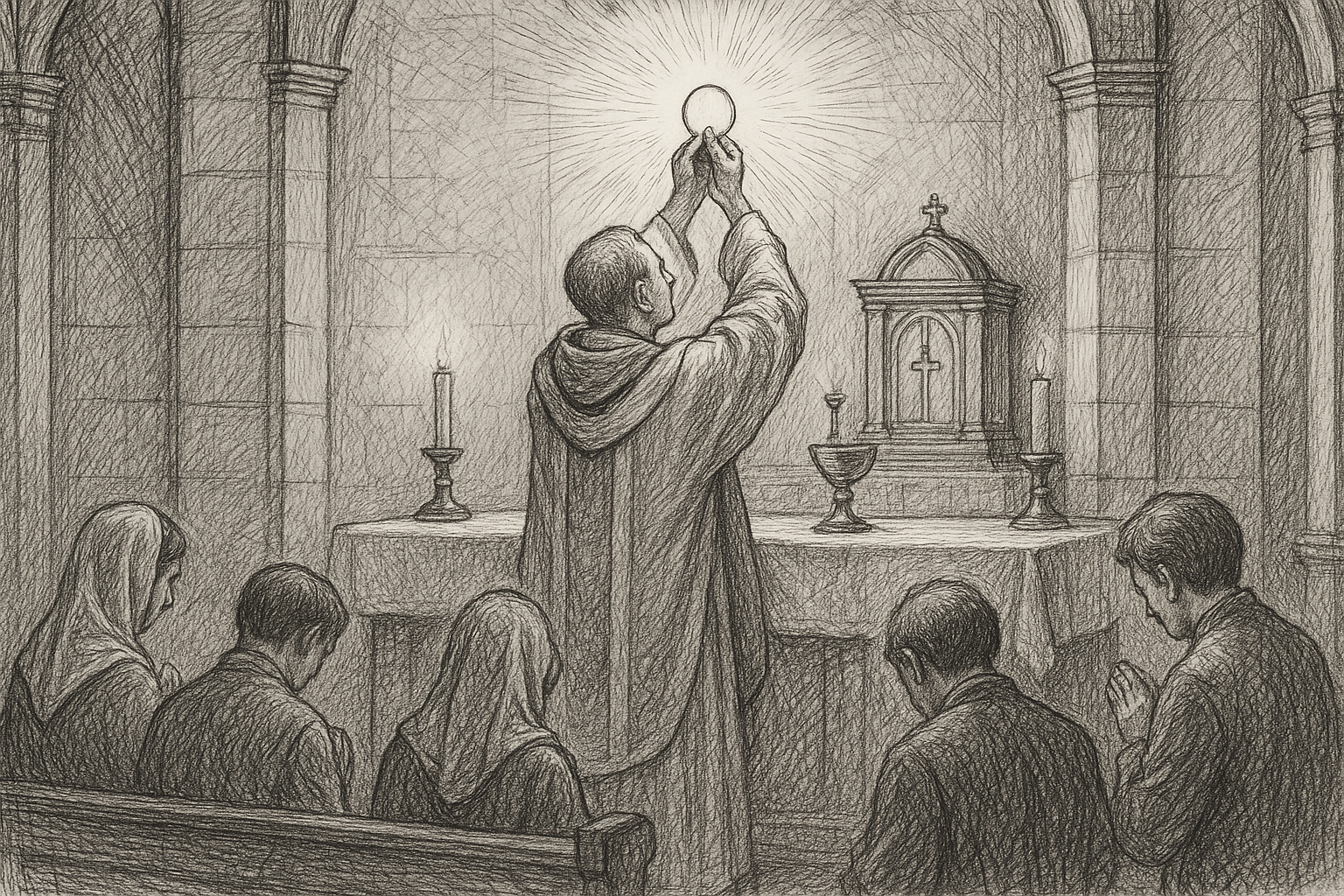 Sketch-style image of a priest elevating the Eucharist during Mass in a reverent Catholic church